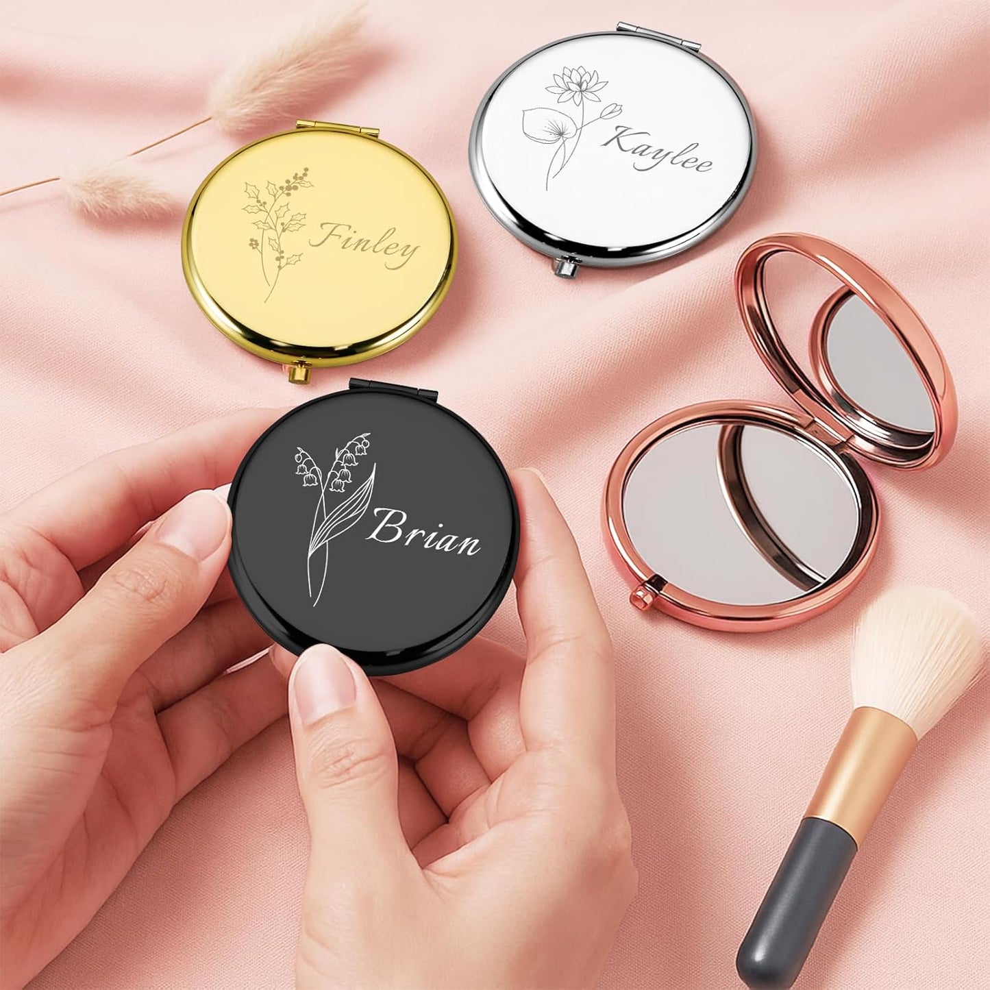 Personalized Compact Mirror, Custom Pocket Mirror with Birth Flower and Name, Small Purse Mirrors for Women, Double-Sided 1X/2X Magnifying Travel Makeup Mirrors, Bridal Shower Gifts, Stocking Stuffers