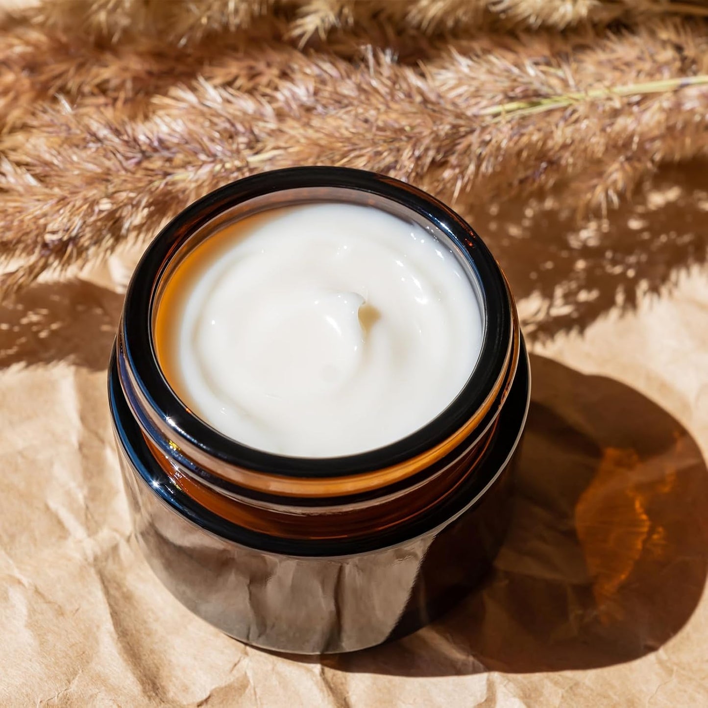 OverNews 4pcs 1oz Amber Glass Jar, Empty Cosmetic Lotion Containers,with Inner Liners,Black Lid, Spatula