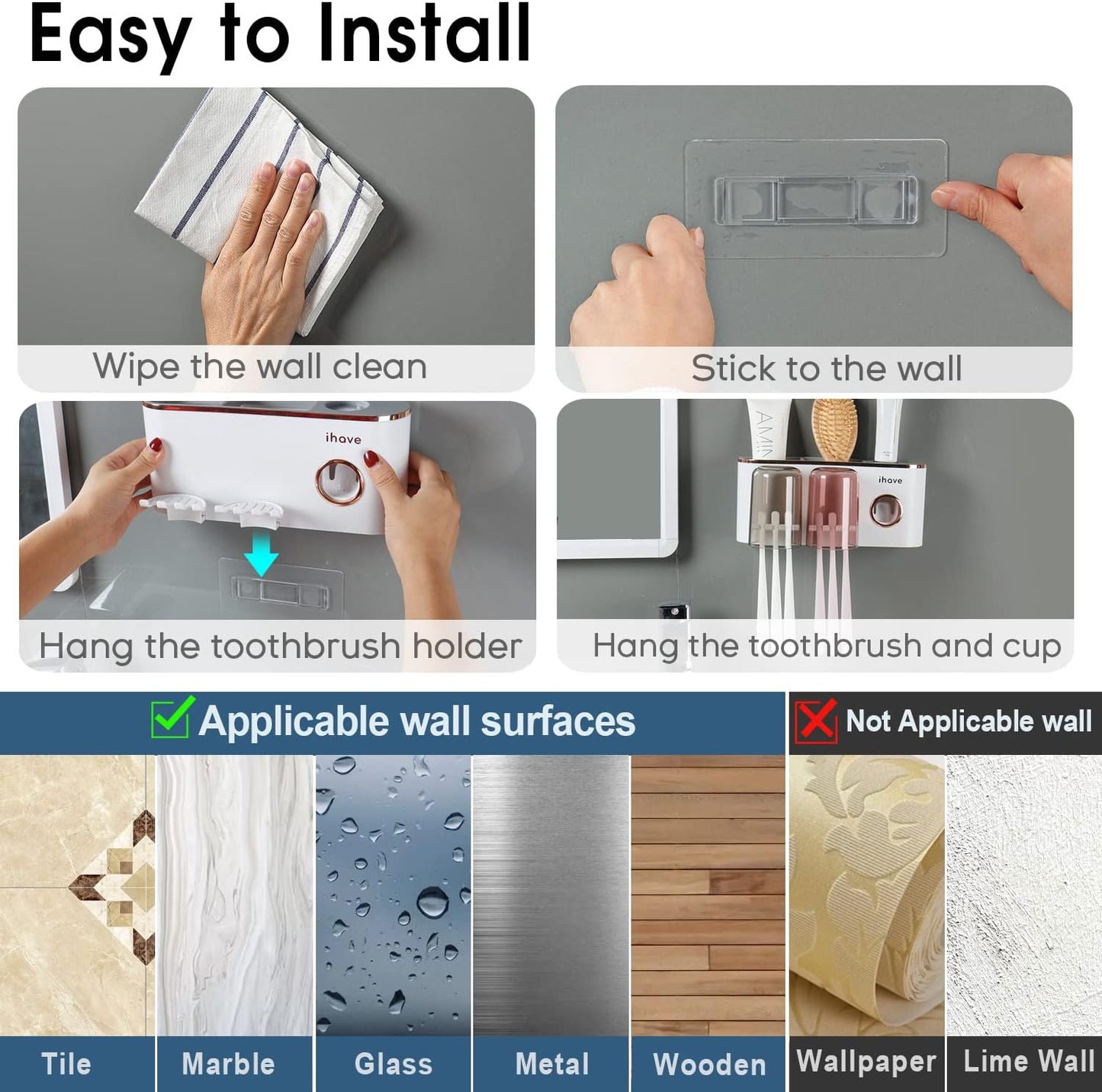 iHave Toothbrush Holders Bathroom Decor with Toothpaste Dispenser, 2 Cups Toothbrush Holder Wall Mounted Bathroom Accessories