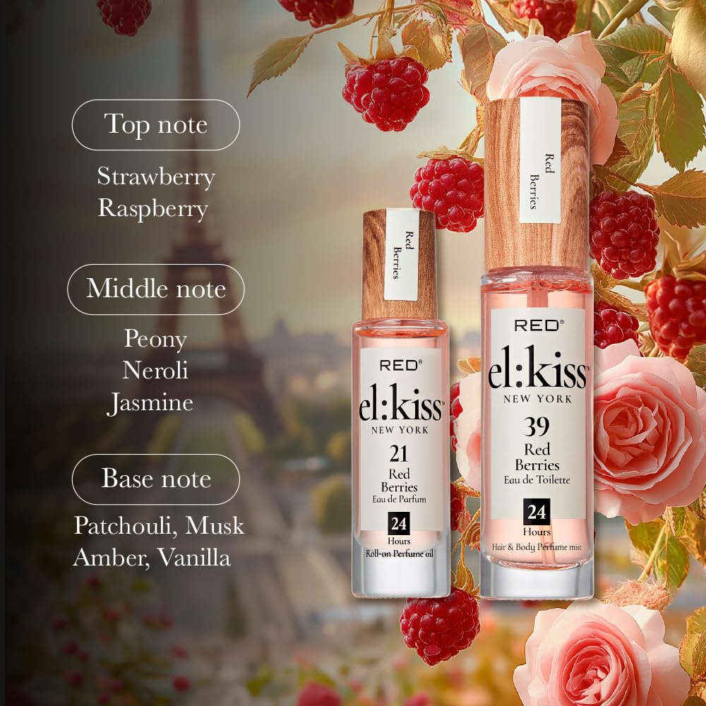 EL:KISS Hair Perfume & Body Mist, Red Berries Inspired by YSt L's Mon Paris, Eau de Toilette 30mL (1.01 Fl Oz), Hydrating & Long-Lasting, Alcohol & Mineral Oil-Free, Jojoba, Argan Oil & Aloe Vera