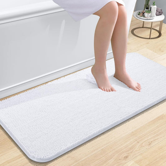 OLANLY Bathroom Rugs 47x20, Extra Soft Absorbent Chenille Bath Rugs, Rubber Backing Quick Dry, Machine Washable Bath Mats for Bathroom Floor, Tub and Shower, Home Decor Accessories, White