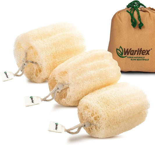 Waritex Premium Natural Egyptian Loofah Sponges, Made from 100% Natural Organic Material, Gentle Skin Exfoliation, and Full-Body Spa Experience – Eco-Friendly Loofah 3 Count (1 Pack)