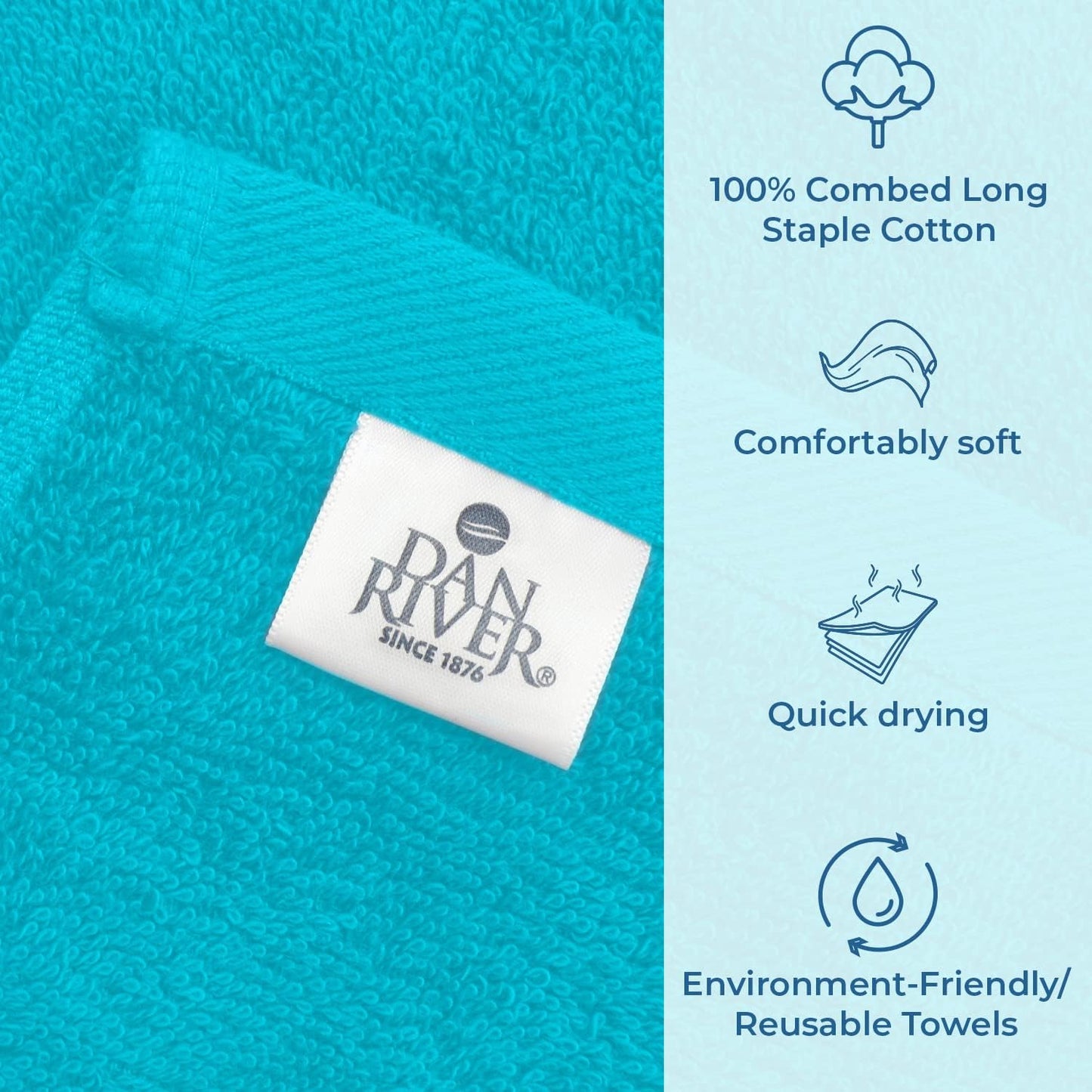 DAN RIVER Bath Towels Set of 4, 27 x 54 Inches, 100% Cotton, Larger & Lighter Weight, Quicker to Dry, Super Soft and Absorbent, Ideal Aqua Bath Towels for Daily Use