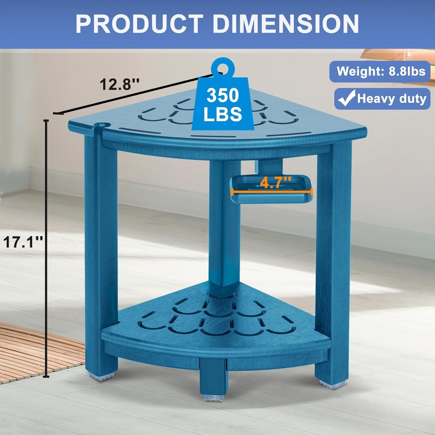 nalone Corner Shower Stool, HDPE Shower Bench for Inside Shower, Small Shower Chair Seat for Shaving Legs with Storage Shelf, Soap Box and No-Slip Feet (Navy Blue)