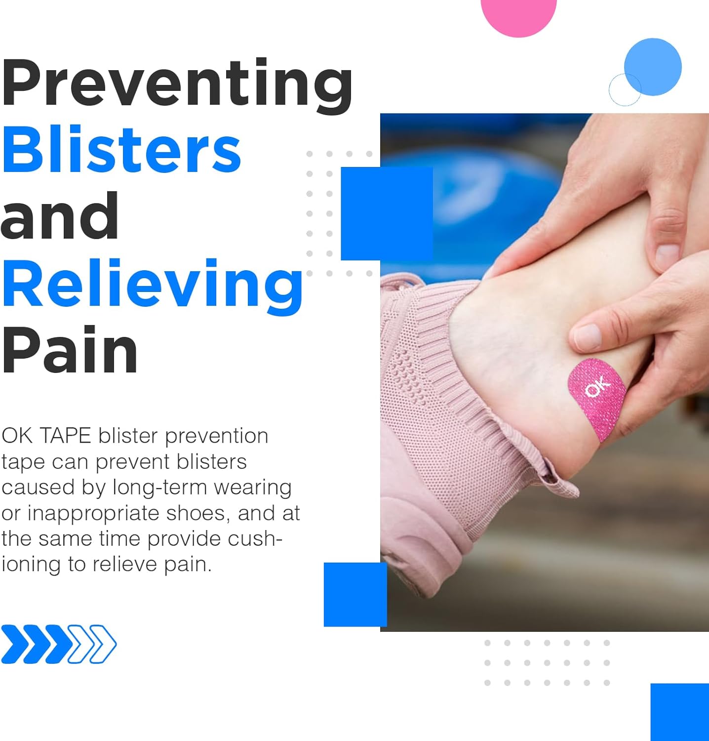 OK TAPE Pre-Cut Blister Bandages for feet | Blister Prevention Tape for Feet, Fingers, Toes | 1.2in x 3.5in,Pink,40pcs