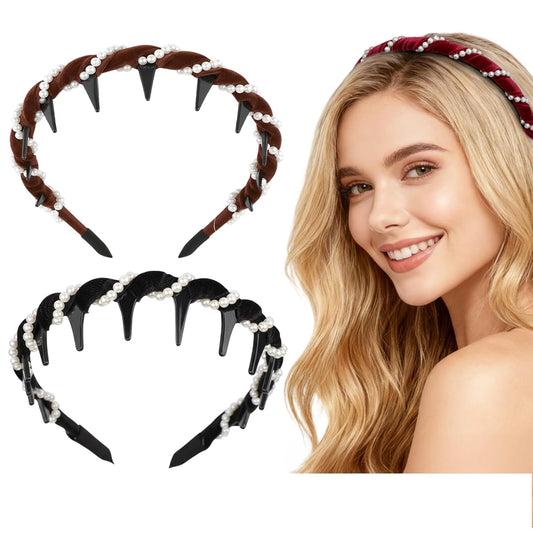 Vintage Pearl Headbands for Women - 3/2 Pack Comfortable High Cranium Hair Band with Non-Slip Teeth | Boho & Elegant Hair Accessories for Wedding, Party, Work, Date, Daily Wear, Gift for Her