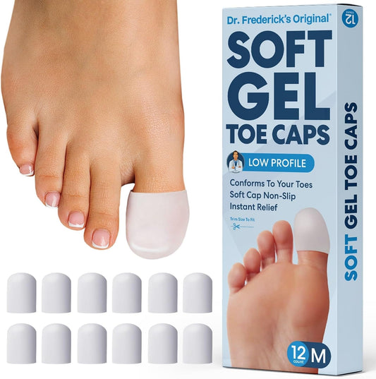 Dr. Frederick's Original Gel Toe Protectors for Men & Women - 12 ct - Toe Caps for Foot Pain Relief - Flexible Cushions for Ingrown Toenails, Corns, Calluses, Blisters, and Comfort - White - Medium