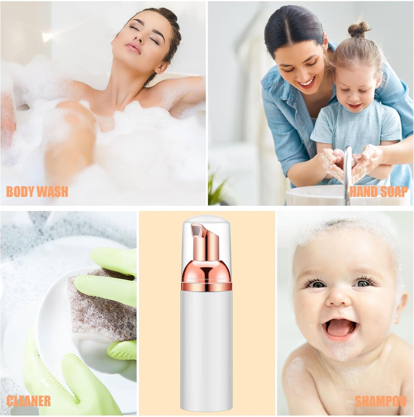 Lil Ray 2 Oz Empty White Foam Pump Bottle, Foamer Soap Dispenser for Lash Shampoo, Hand Soap, Foaming Cleaner(Rose Gold Pump, 12 PCS)