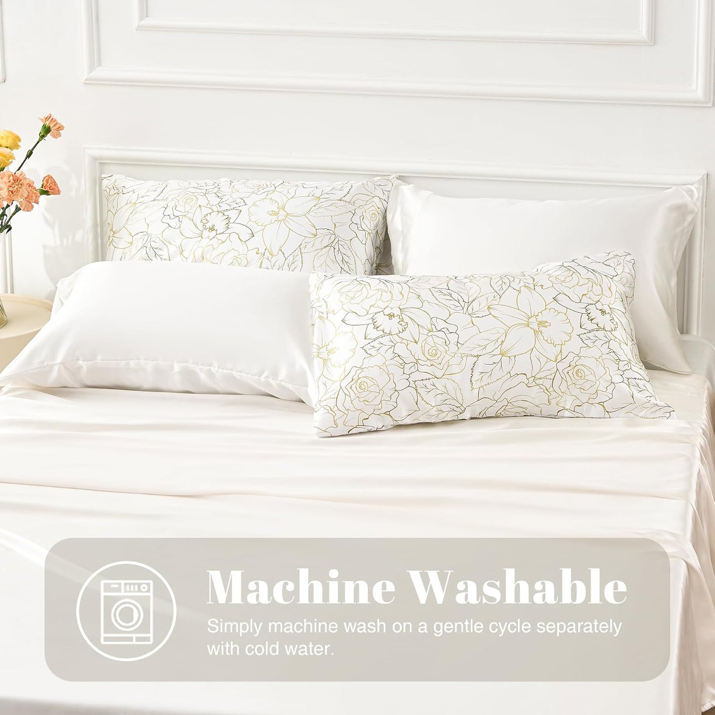 EXQ Home Satin Pillowcase for Hair and Skin Queen - Printed Rose on White Silk Pillowcase 2 Pack 20x30 inches - Satin Pillow Cases Set of 2 with Envelope Closure, Gifts for Women Men