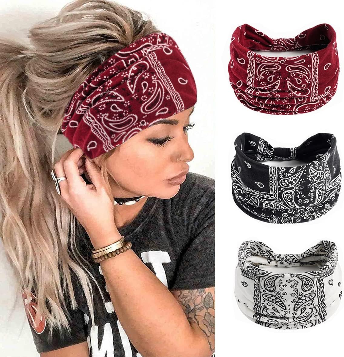 K-Elewon 3 Pack Women Wide Elastic Head Wrap Headband Sports yoga Hair Band