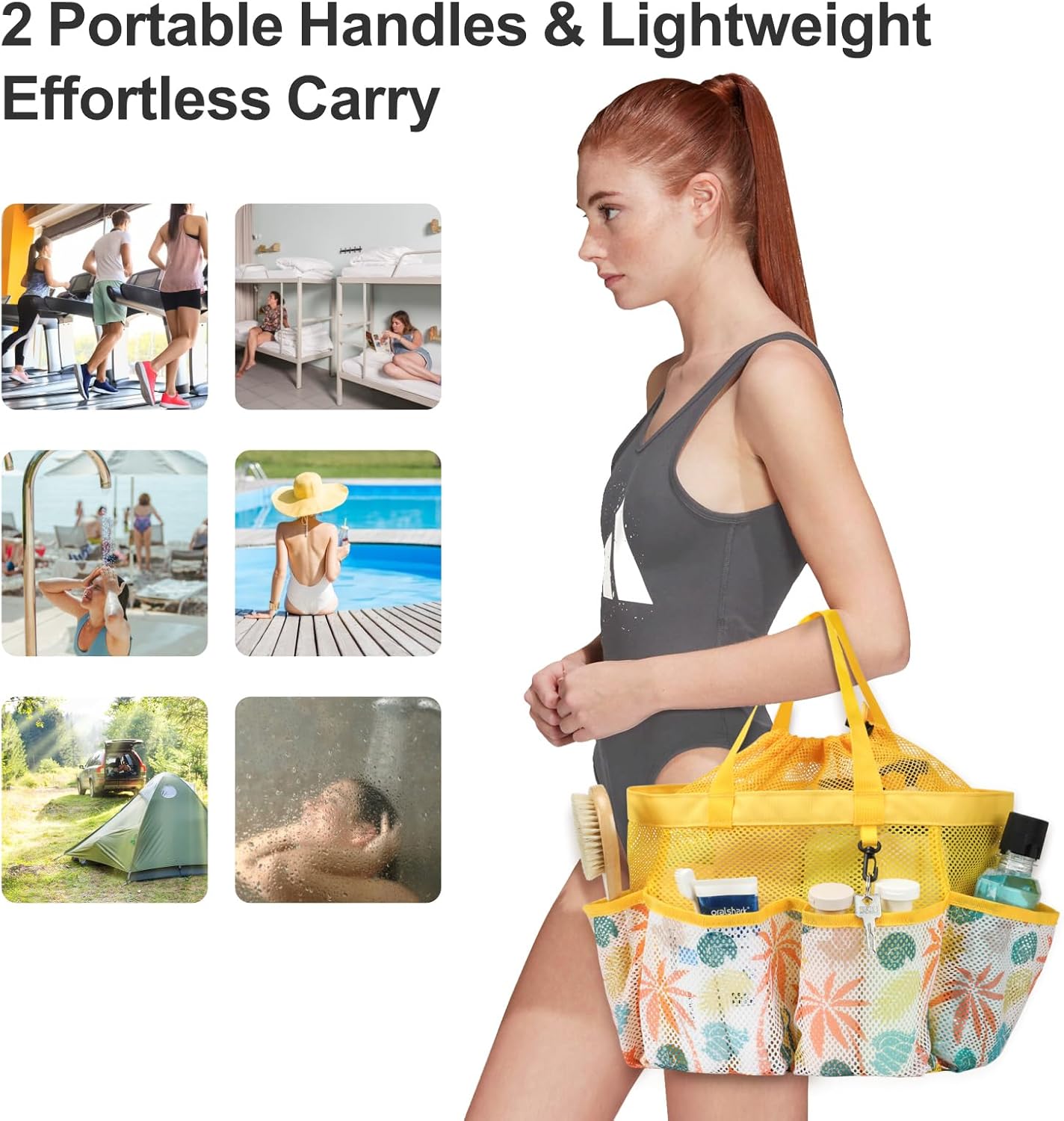 F-color Mesh Shower Caddy Portable with Drawstring - Upgrade Deeper 7 Pockets Dorm Room Essentials for Guys Girls with S Hook, Shower Bag Basket Tote for College Camping Bathroom, Yellow Beach