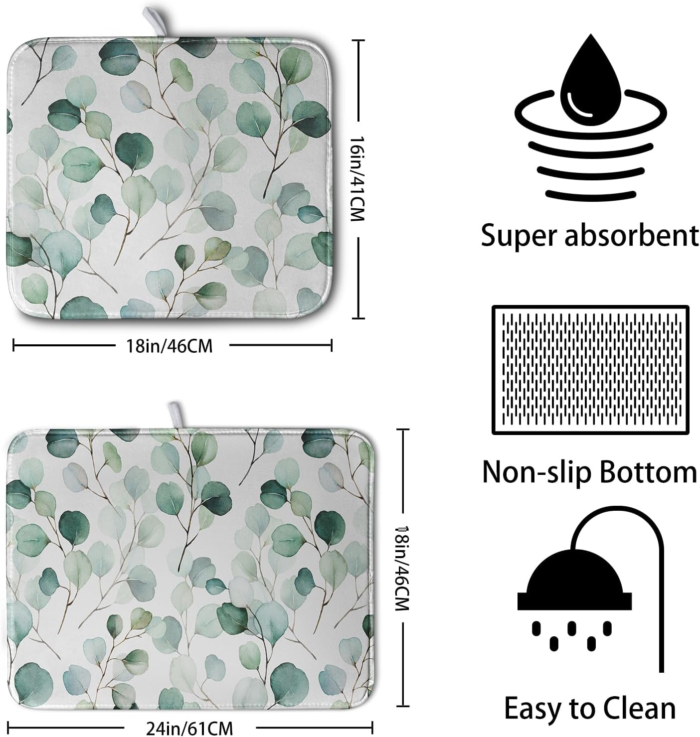 Green Leaves Dish Drying Mat Eucalyptus Leaf Branch Plant Drying Mats Absorbent Reversible Microfiber Kitchen Counter Mat Reusable Washable Dishes Drainer Mats Extra Large 18x24 Inch