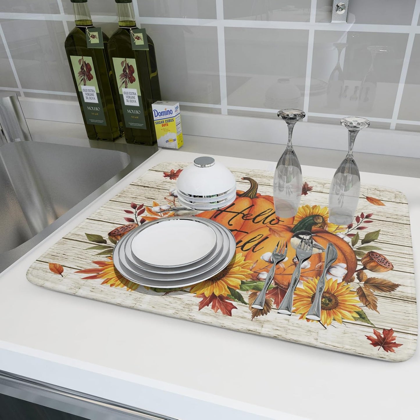 Hello Fall Dish Drying Mat Autumn Pumpkin Dish Drainer Rack Mats 18"x24" Fast Dry Microfiber Dish Drying Pad for Kitchen Countertop Table