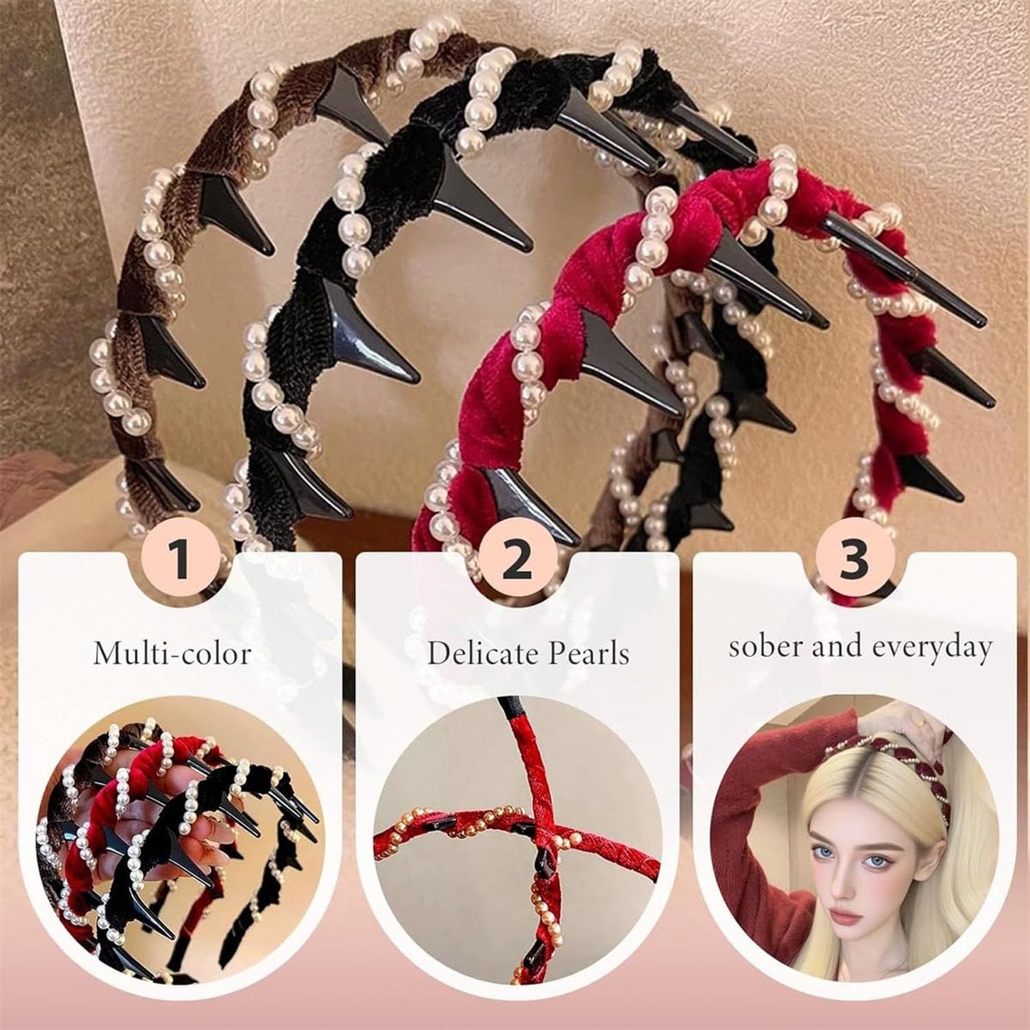 3 Pack Vintage High Cranium Artificial Hairband,Zig Zag Headbands,High Cranium Artificial Pearl Hairband,Earl Hairbands, Say Goodbye To Flat Hair Top For Women Girls(One Size)