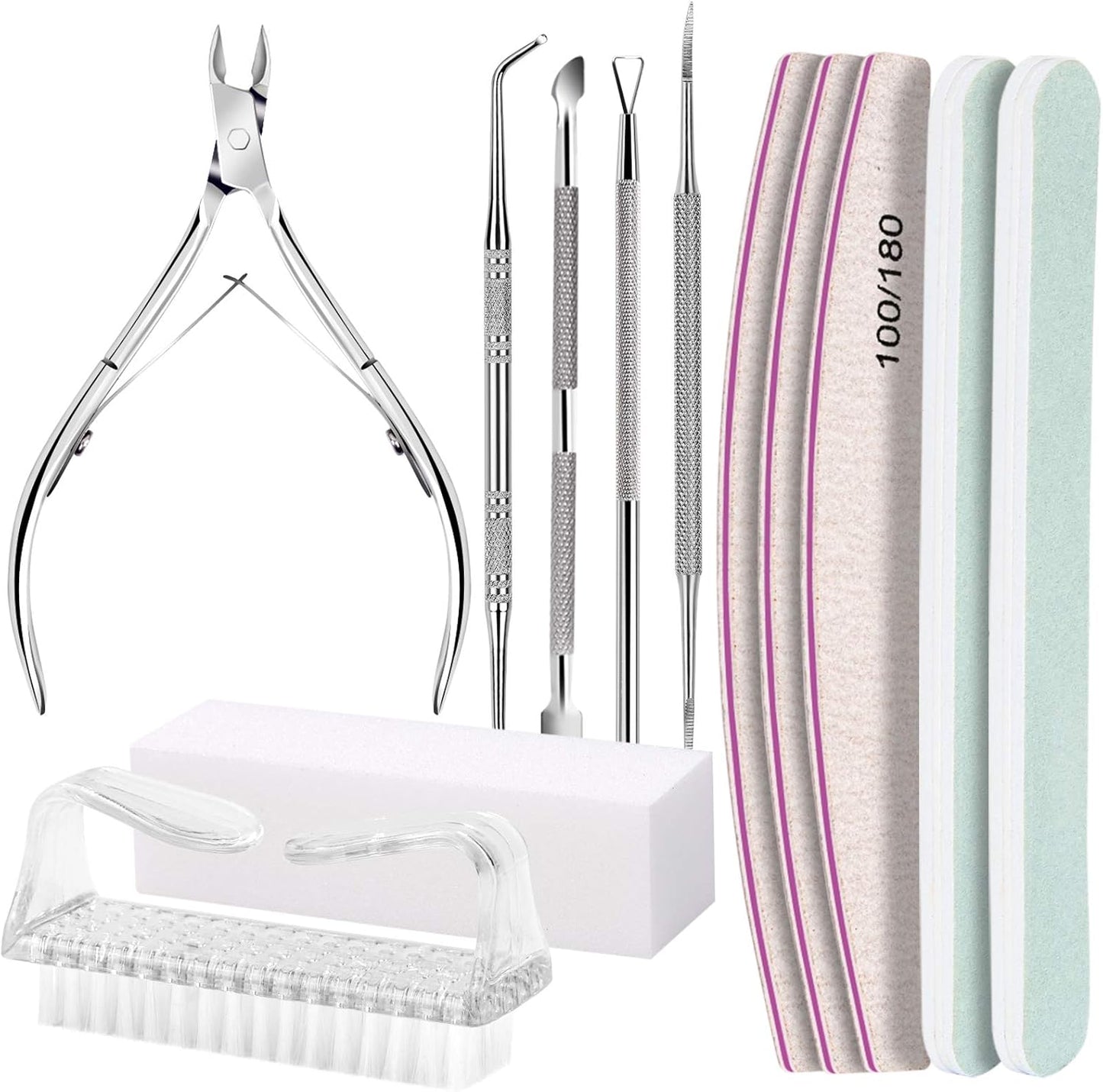 FANDAMEI Manicure Kit, Nail Files 100/180, Cuticle Nippers, Nail Buffer Block, Cuticle Pusher, Cuticle Peeler, Ingrown Toenail Tool, Toenail File, Nail Care Kit, Nail Tools for Manicure, White