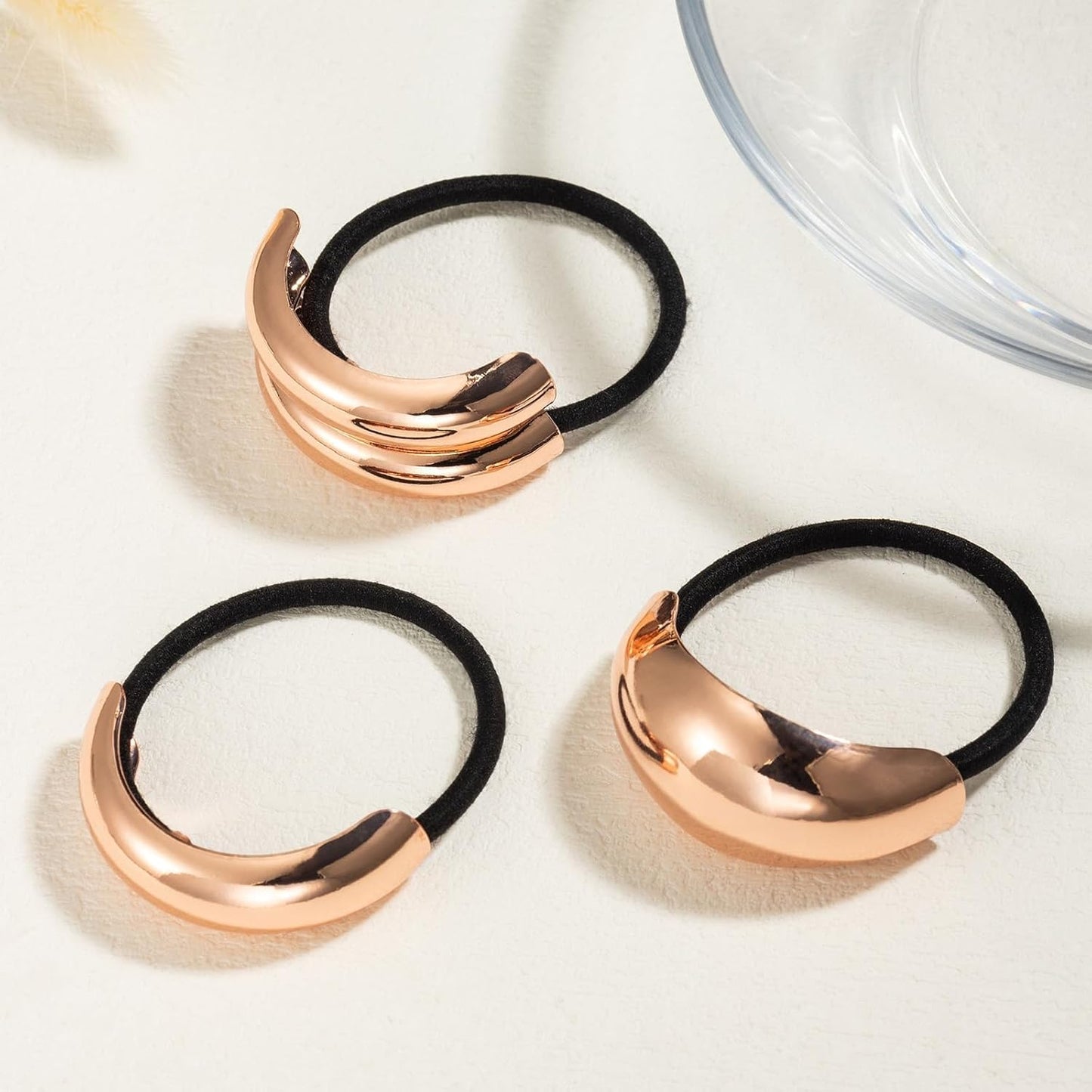 3PCS Rose Gold Hair Ties, Metal Hair Ties for Thick Hair, Elegant Durable Geometric Design, Rose Gold Hair Accessories Stretchy Non-Damage Ponytail Holders, 3 Styles in Box Holiday Gifts