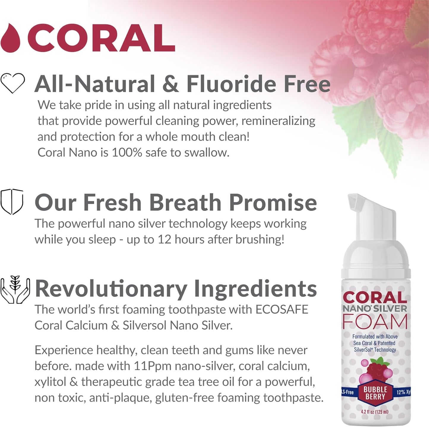Coral Nano Silver Kids Fluoride Free Foaming Bubble Berry Coral Calcium Toothpaste, Natural Formula, SLS and Glycerin Free - 4 Ounce