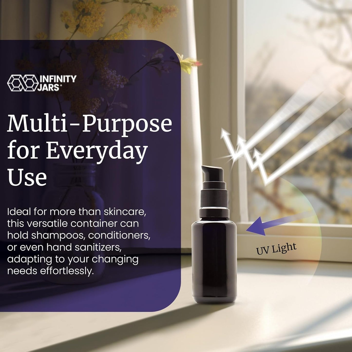 Infinity Jars 30 Ml (1 fl oz) Refillable Ultraviolet Black Glass Pump Bottles Leak-Proof Travel Containers for Toner, Sanitizer, Beard Oil, Hair Serum, Essential Oils 10-Pack