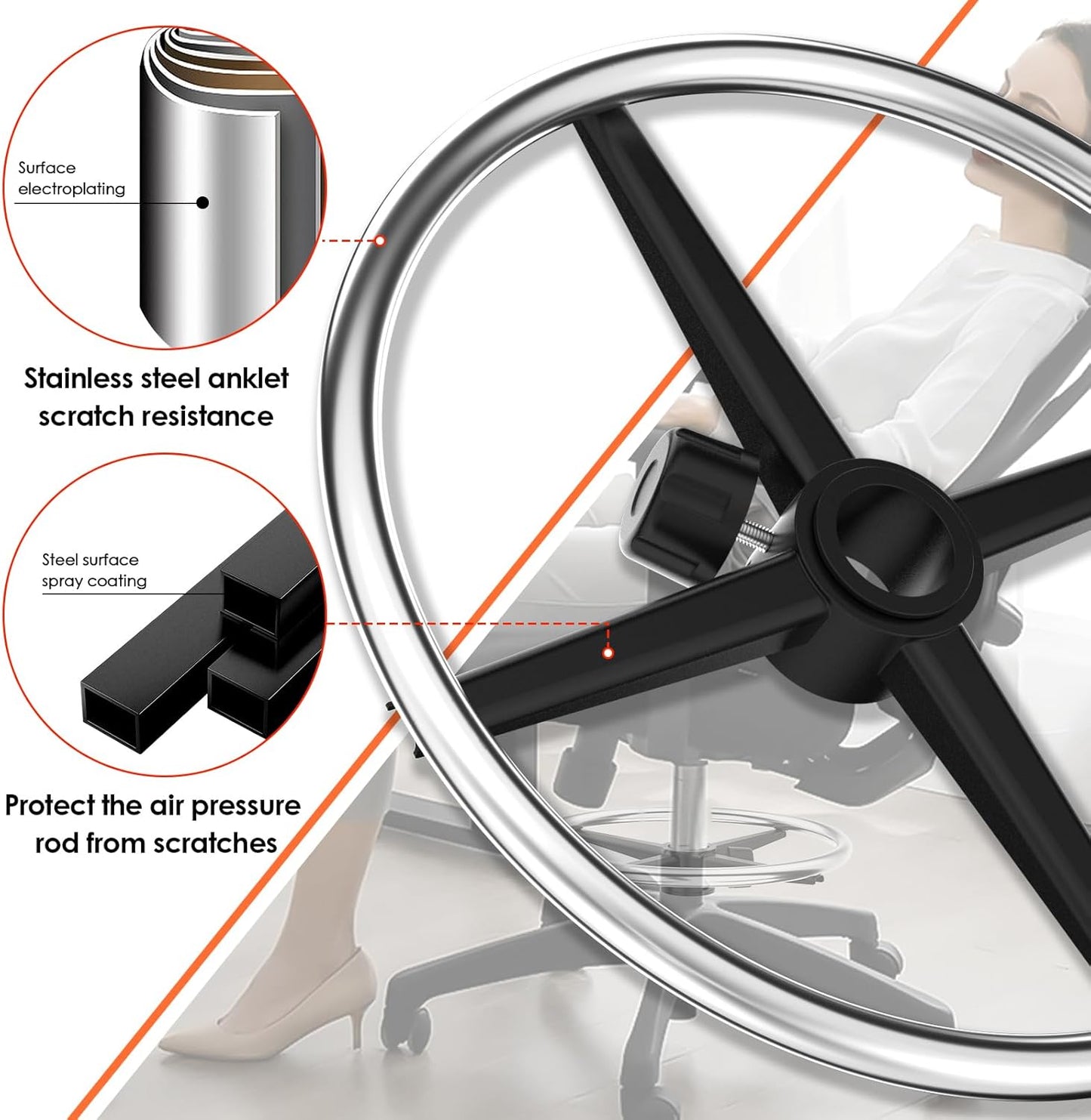 18" Chrome Foot Rest Ring for Drafting Stool or Office Chair,Office Chair Piston Foot Ring,Foot Rest (Silver, 18'')