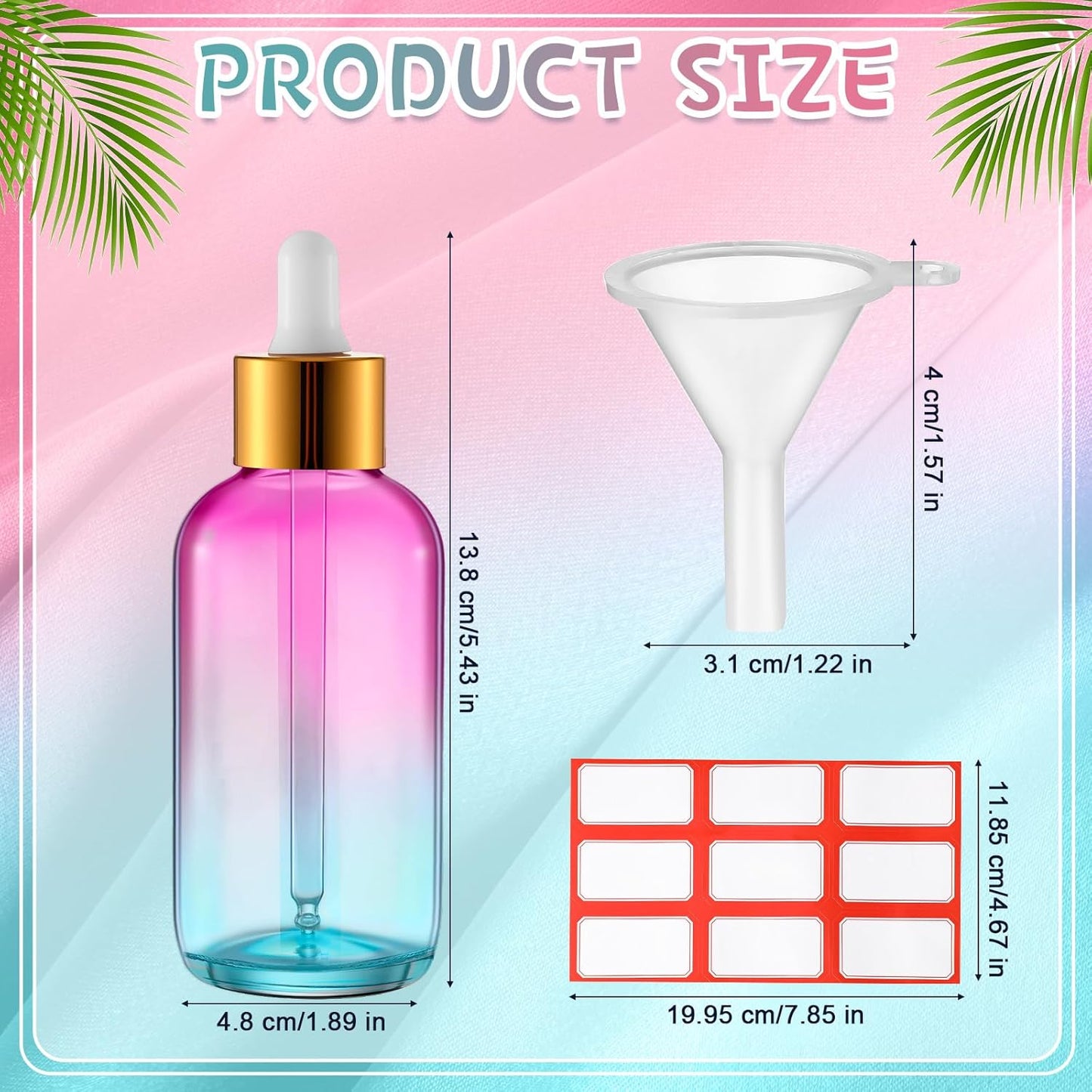 Dandat 50 Pack 4 oz Glass Dropper Bottles Leakproof 120 ml Glass Tincture Bottles with Eye Droppers, 4 Funnels, 54 Labels for Essential Oil Perfumes Hair Oil(Pink Blue Gradient)