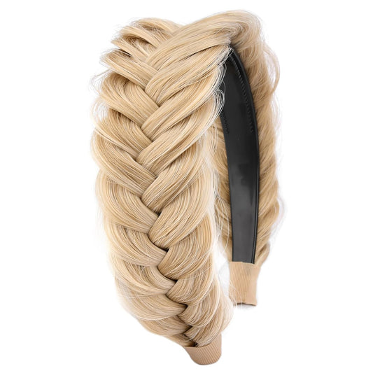 DIGUAN Wide Messy Braided Headband With Teeth Synthetic Hair Plaited Headband High Elasticity Braids Chunky Fishtail Braided Hair Band Hairpiece for Girls Women Beauty Accessory (Honey Blonde)
