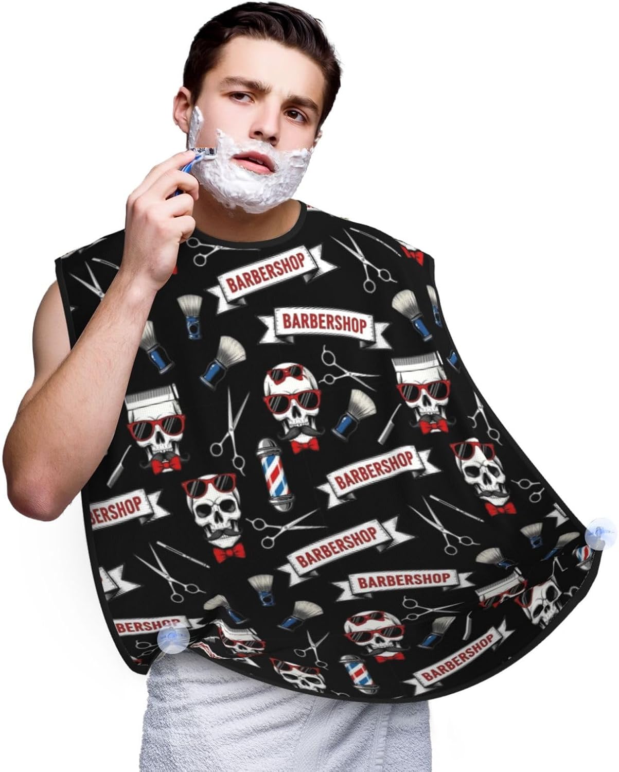 Beard Hair Catcher Bib, Waterproof Non-Stick Grooming Apron for Shaving Trimming, Perfect for Men Dad, Cool Funny Skull Tools Vintage Barber Shop Shave Bib