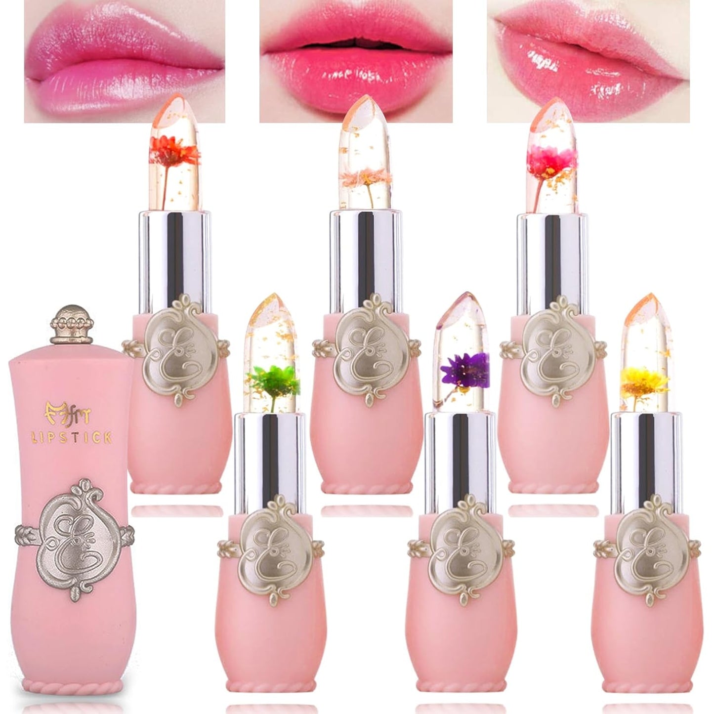 6 Pack Crystal Flower Jelly Lipstick,Magic Color Changing Lipstick,PH Clear Temperature Color Changing Lip Gloss,Lip Balm,Long Lasting Nourishing Moisturizing Lip Stick Set