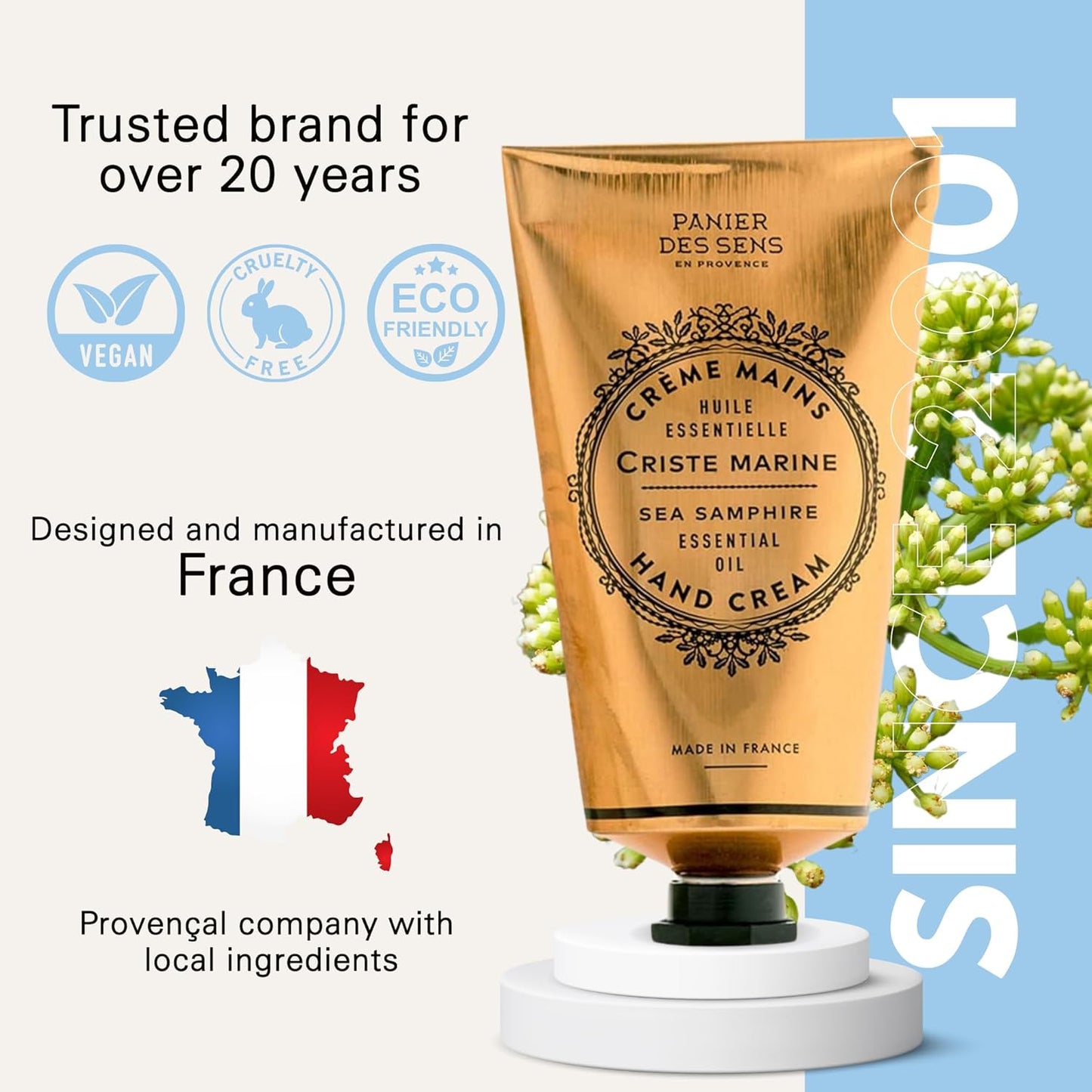 Panier des Sens - Hand Cream for Dry Cracked Hands - Sea Samphire Hand Lotion with Shea Butter & Olive Oil - Vitamin E Skin Moisturizer with 97% Natural Ingredients - Made in France, 2.5 fl oz