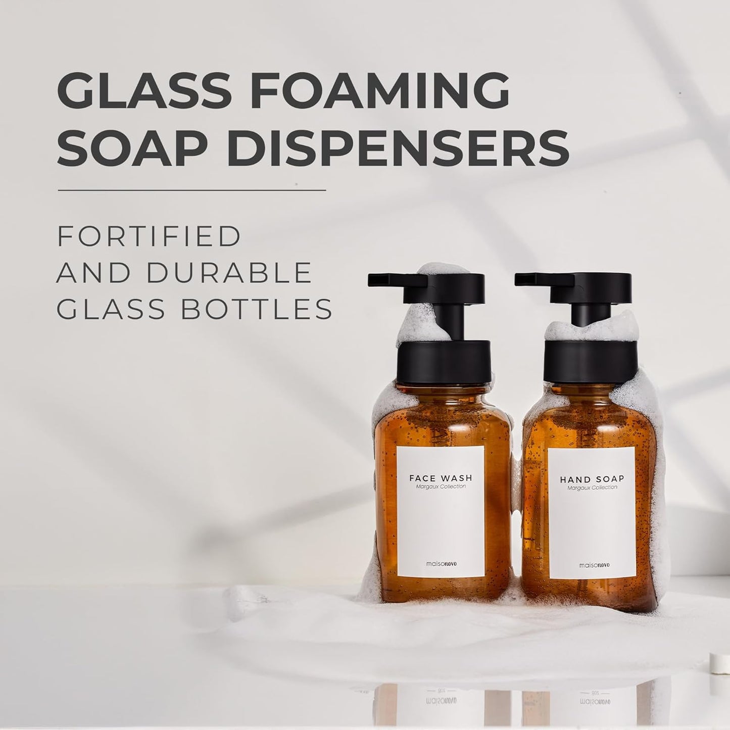 MaisoNovo Glass Foaming Soap Dispenser 14 Oz | Amber Glass Black Pumps x 2
