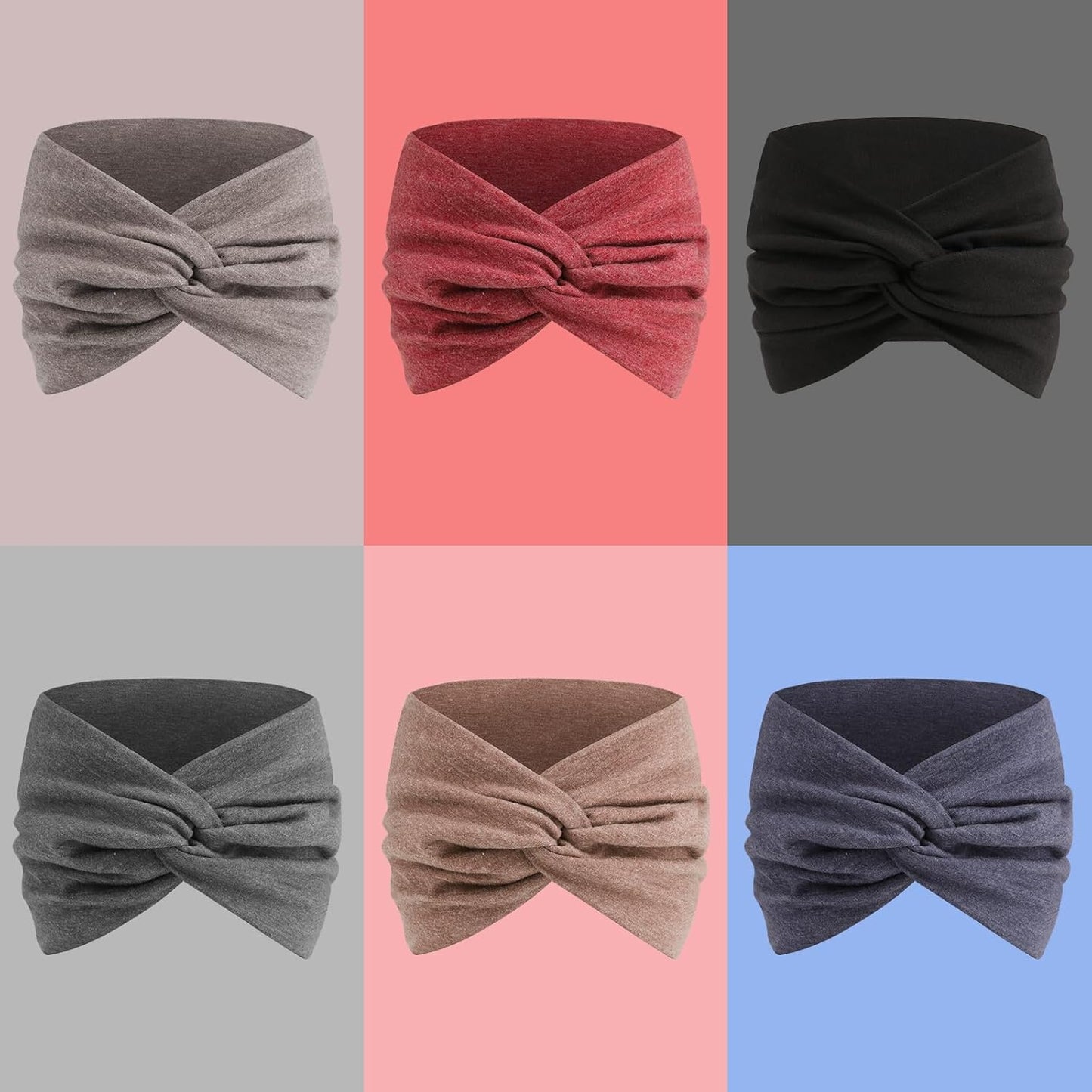 Extra Wide Headbands for Women, 7'' Large Cotton Like Turban Knotted Bandana Head Bands for Women Non Slip, Boho Headbands for Women's Hair (6Pcs Dark Colors, Extra Large 7" Wide)