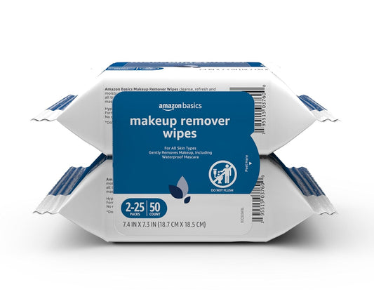 Amazon Basics Makeup Remover Wipes, Gentle Cleansing, Dermatologist Tested, Original, Plant Based, Alcohol Free, Removes Waterproof Mascara, 25 Count Per Pack, Pack of 2 (Previously Solimo)