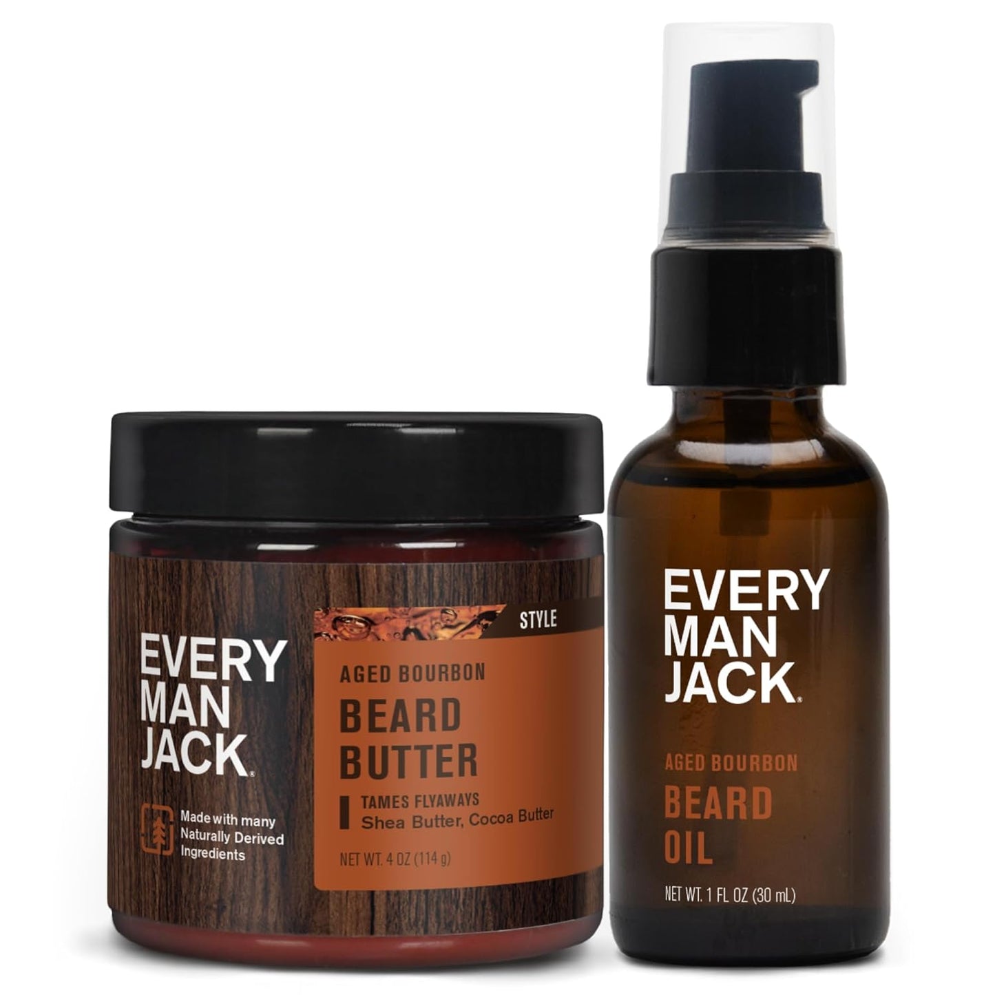 Every Man Jack Beard Oil & Beard Butter Bundle - Aged Bourbon Fragrance - Rejuvenates, Hydrates & Styles Dry Beards - Naturally Derived with Cocoa Butter and Shea Butter