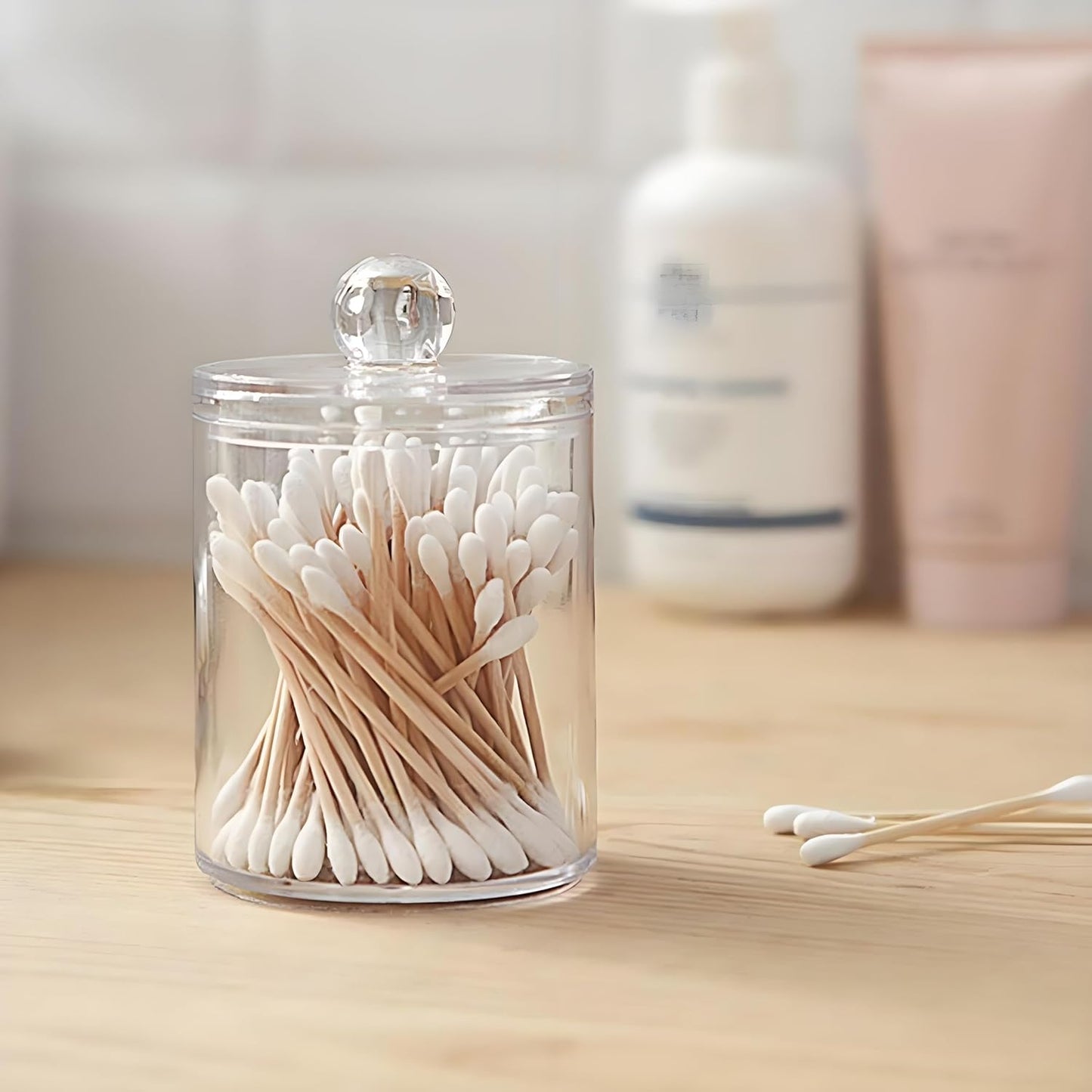 AXX Qtip Dispenser Apothecary Jars Bathroom - Qtip Holder Storage Canister Clear Plastic Jar for Cotton Swab,Q-Tips,Cotton Rounds (Clear 4Pcs)