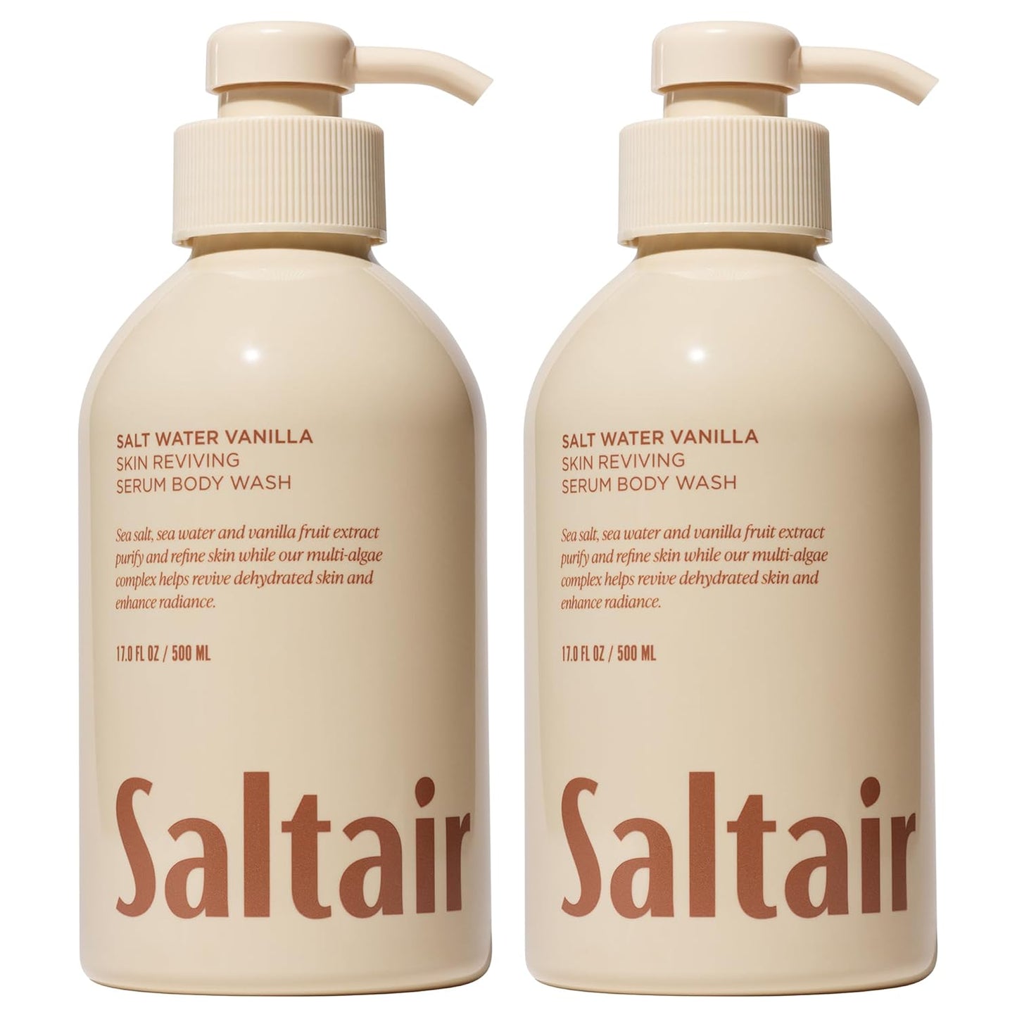 Saltair Body Wash, Salt Water Vanilla 2-Pack. Moisturizing Body Cleanser with Monoi Oil and Cupuacu Butter. Luxury Shower Gel for Women and Men. Vegan, Cruelty-Free, Paraben-Free. 2x 17oz Pump Bottles