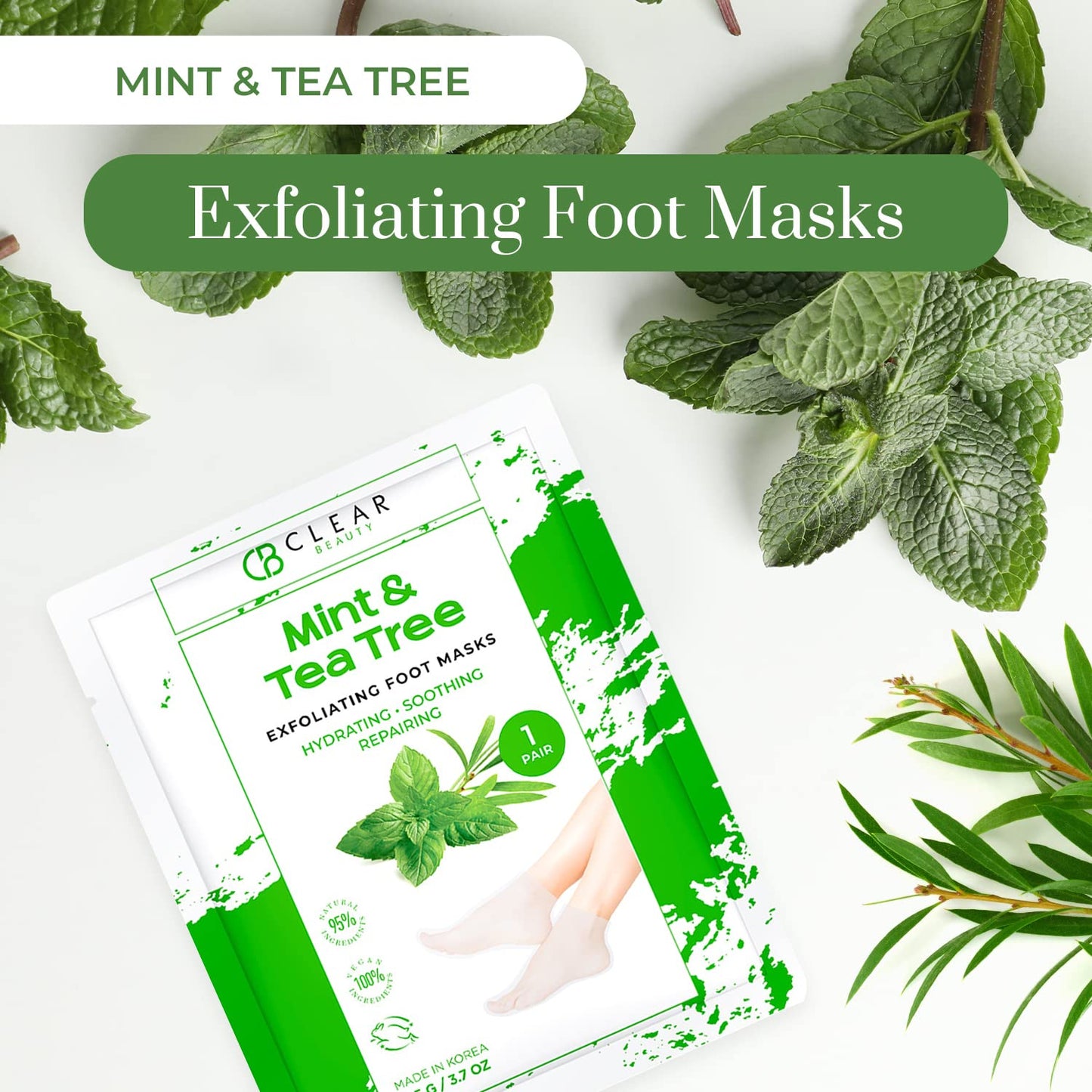 Clear Beauty Mint & Tea Tree Foot Masks Moisturizing Socks - Exfoliating, Hydrating & Revives Cracked Feet - Dermatologist Tested, Clean Beauty & Cruelty-Free Skincare - 3 Pairs