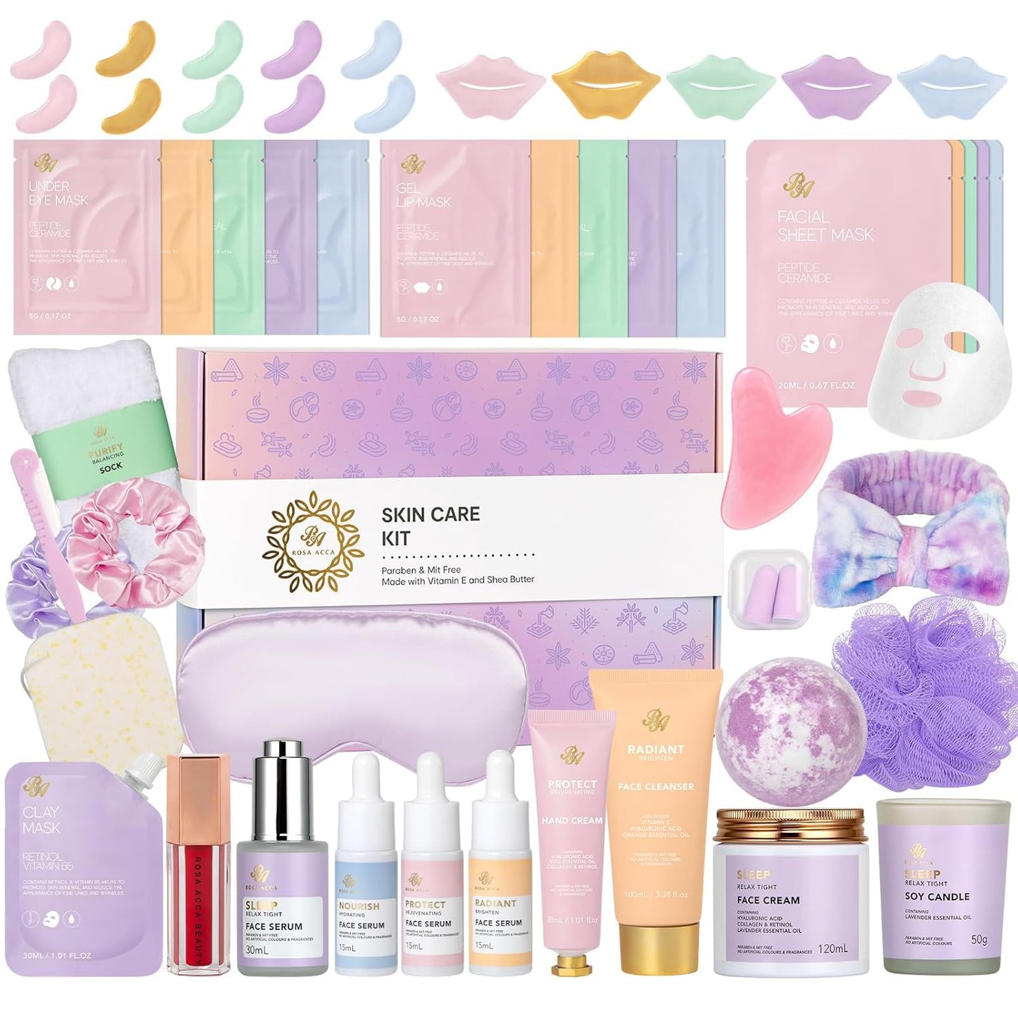 38 Pcs Skin Care Face Sheet Mask & Bath & Body Spa Gift Set for Women, Self-Care Relaxation Pampering Gift Basket, Bath Bomb, Eye Mask, Gua Sha, Face Serum, Lip Gloss, Christmas, Mother Day, Birthday