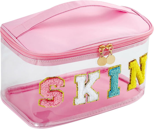 Personalized Chenille Letter Clear Skin Makeup Bag, Large Size Waterproof Nylon Cosmetic Toiletry Storage bag with Top Handle, Transparent Meds Skin Travel Organizer Cosmetic Bag(09Skin-Pink)