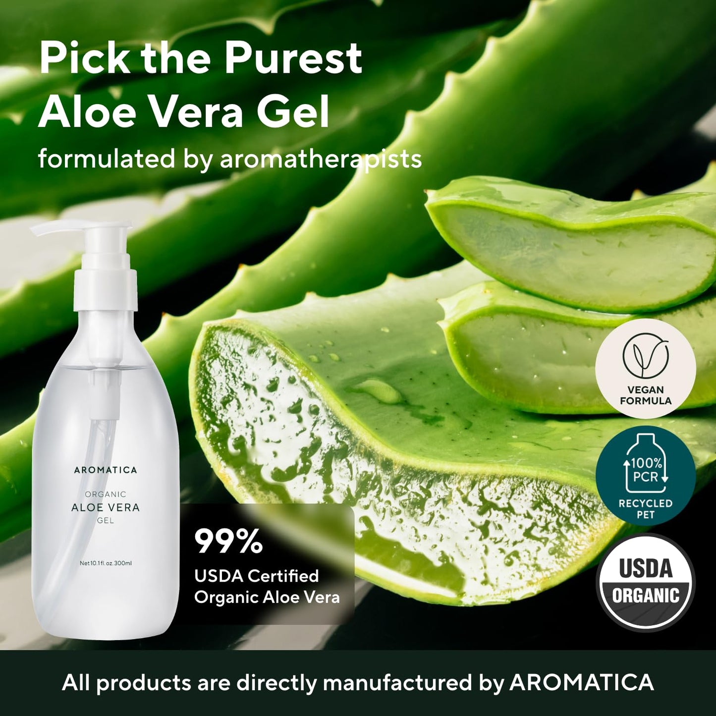 AROMATICA Organic Aloe Vera Gel (2 pack), After Sun Care and Sunburn Relief with Pure Aloe Vera Gel Face&Hair, Sun Burn Moisturizer EWG Verified (10.14oz/300ml)