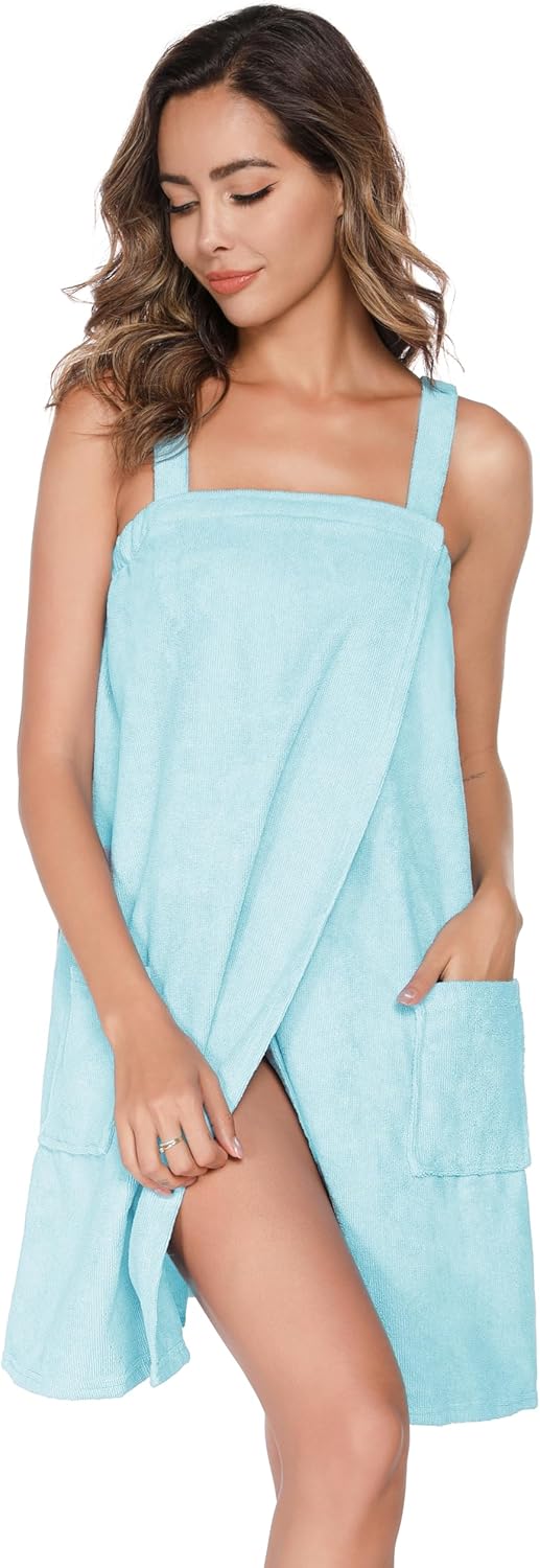 Veseacky Women Bath Wrap Towel for Womens Shower with Pocket Adjustable Spa Robe & Facial Headband