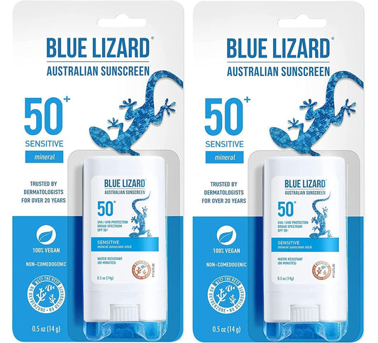 BLUE LIZARD Sensitive Mineral Sunscreen Stick with Zinc Oxide, SPF 50+, Water Resistant, UVA UVB Protection Easy to Apply, Fragrance Free, 0.5 Oz (Pack of 2)