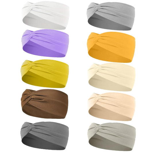 10 Pcs Wide Absorbent Sport Headbands for Women, Non-slip, Stretchy, Soft Cotton Twist Knotted Hair Bands for Daily Workout Yoga Running Sports, AB