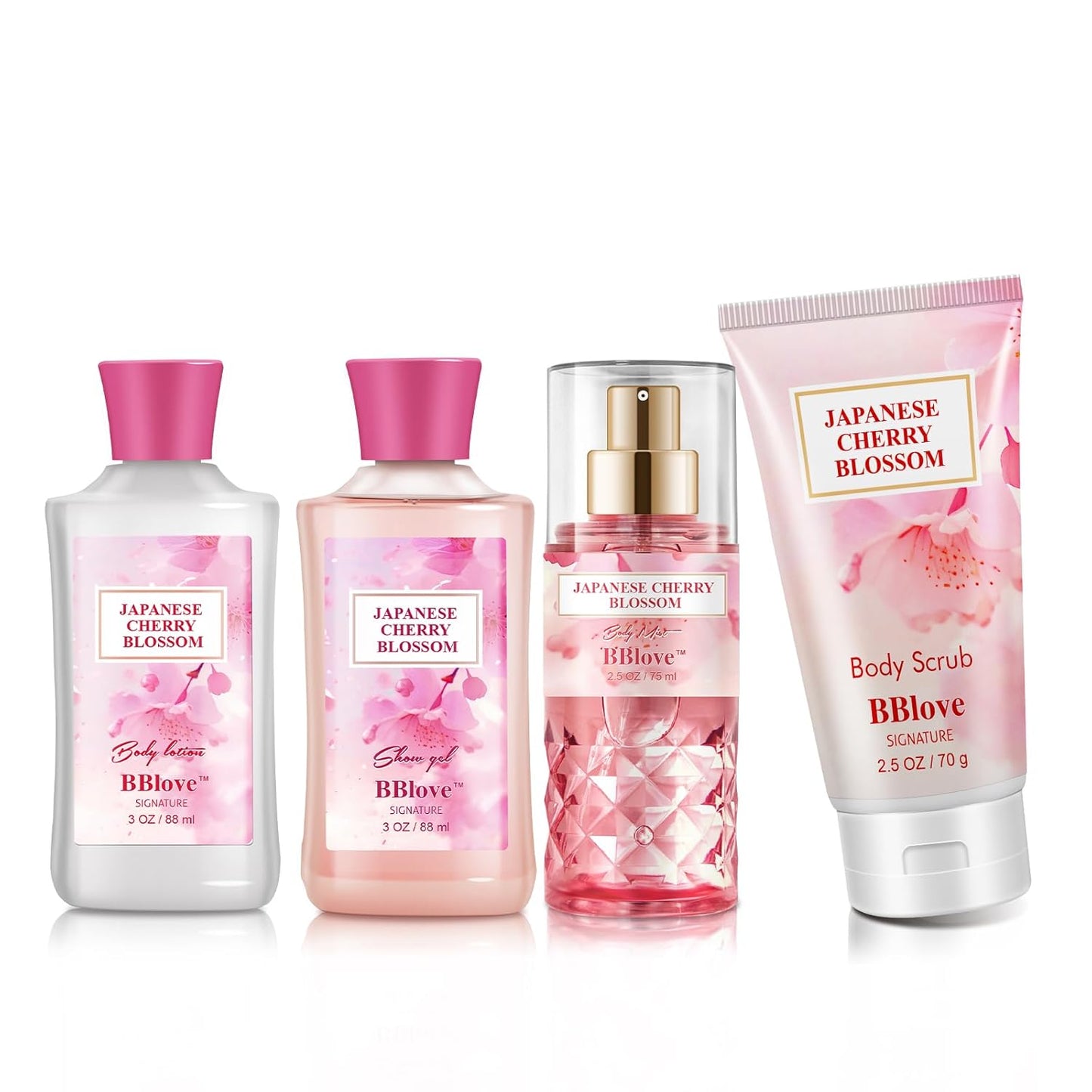 Bath and Body Gift Set for Women & Girls, Japanese Cherry Blossom, 4PCS Set for-Shower Gel, Body Lotion, Body Mist, Exfoliating Scrub, Body Care Set
