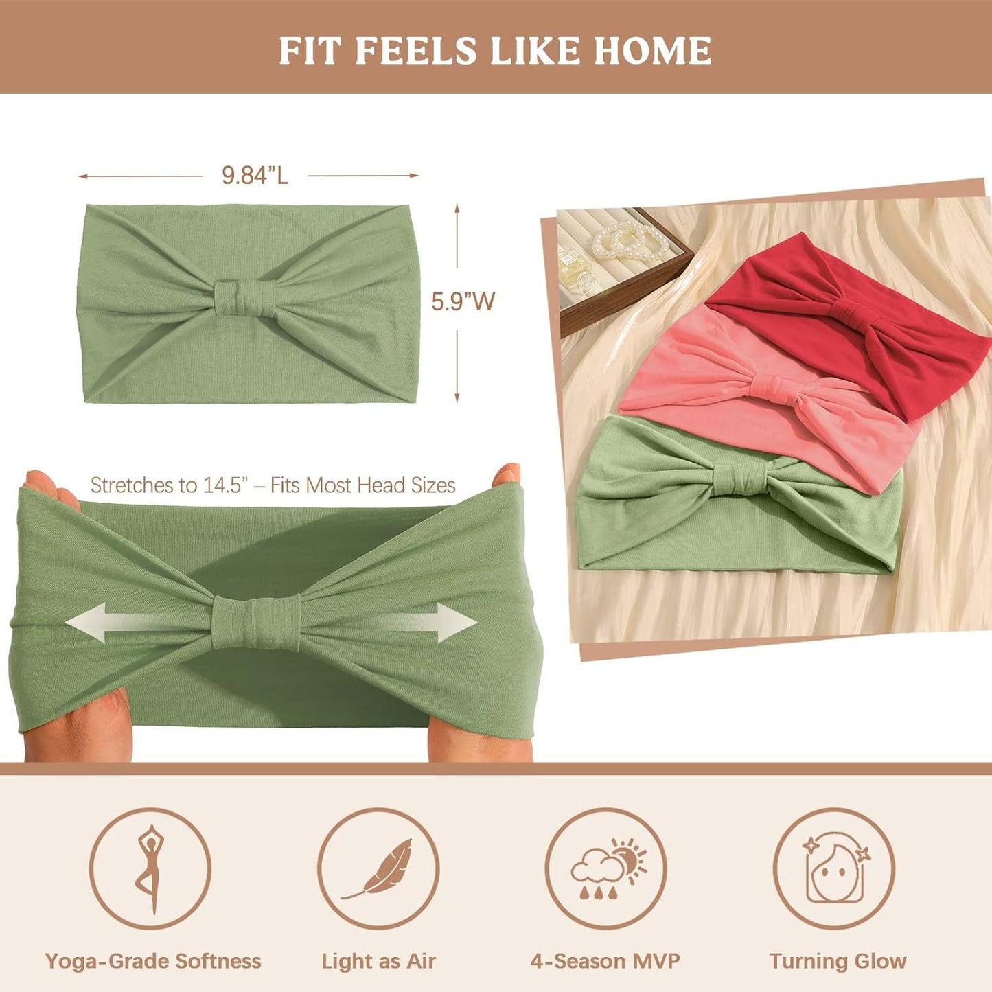 Wide Headbands for Women Knotted No Slip Head Bands Soft Turban Headband Hair Accessories Boho African Solid Color Head Wraps for Women Yoga Workout Pack of 6