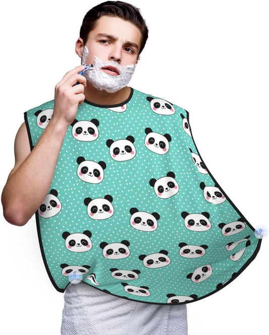 Beard Shaving Cape with Suction Cups, Kawaii Panda Face Polka Dot Teal Mint Green Shave Bib, Non-Stick Waterproof Hair Catcher, Grooming Bib for Men Husband
