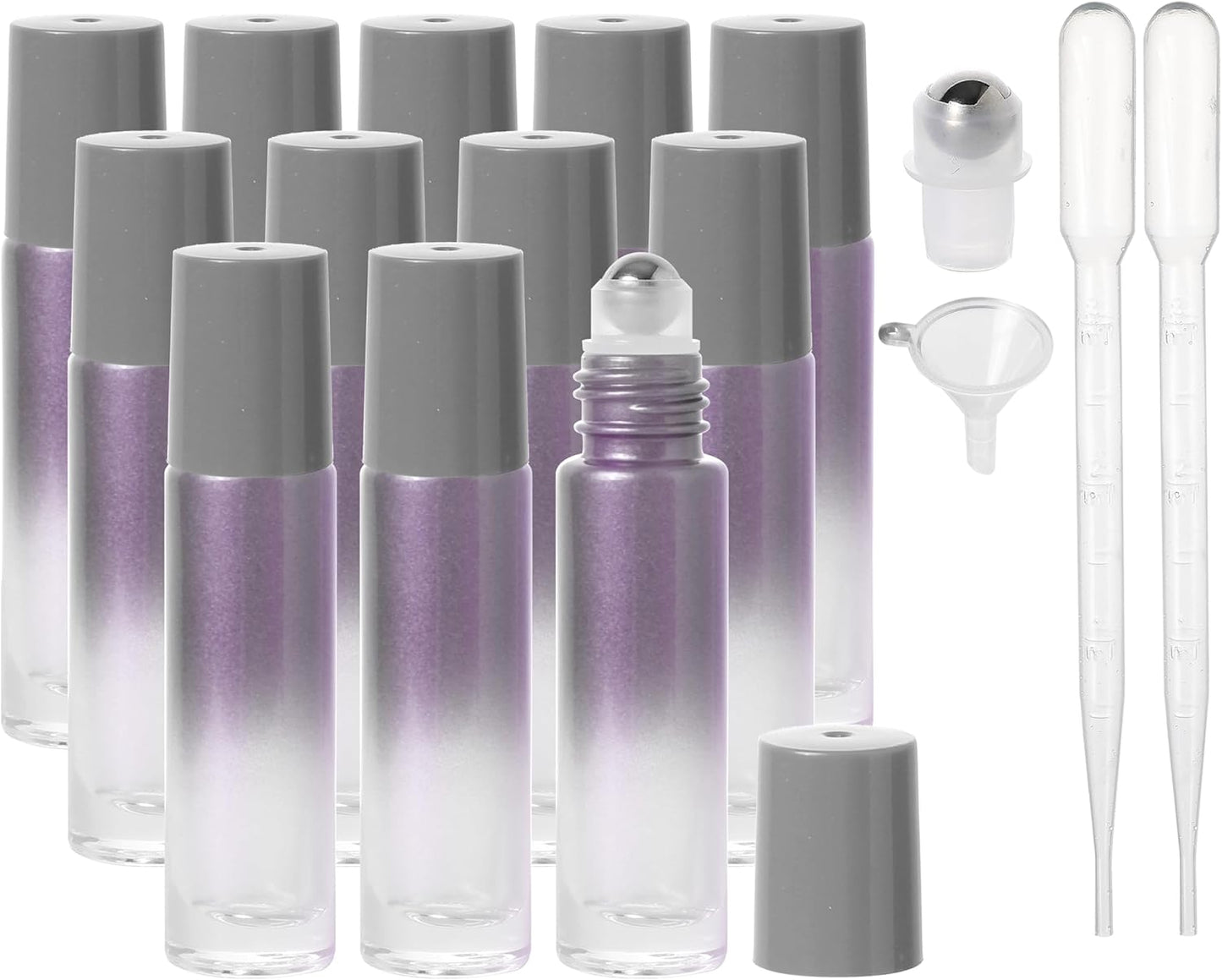 Essential Oil Roller Bottles, 10ml Thick Glass Perfume Roller Bottles with Funnel Opener and Dropper Colored Glass Empty Bottles with Stainless Steel Roller Balls (Grey, 12 Pack)