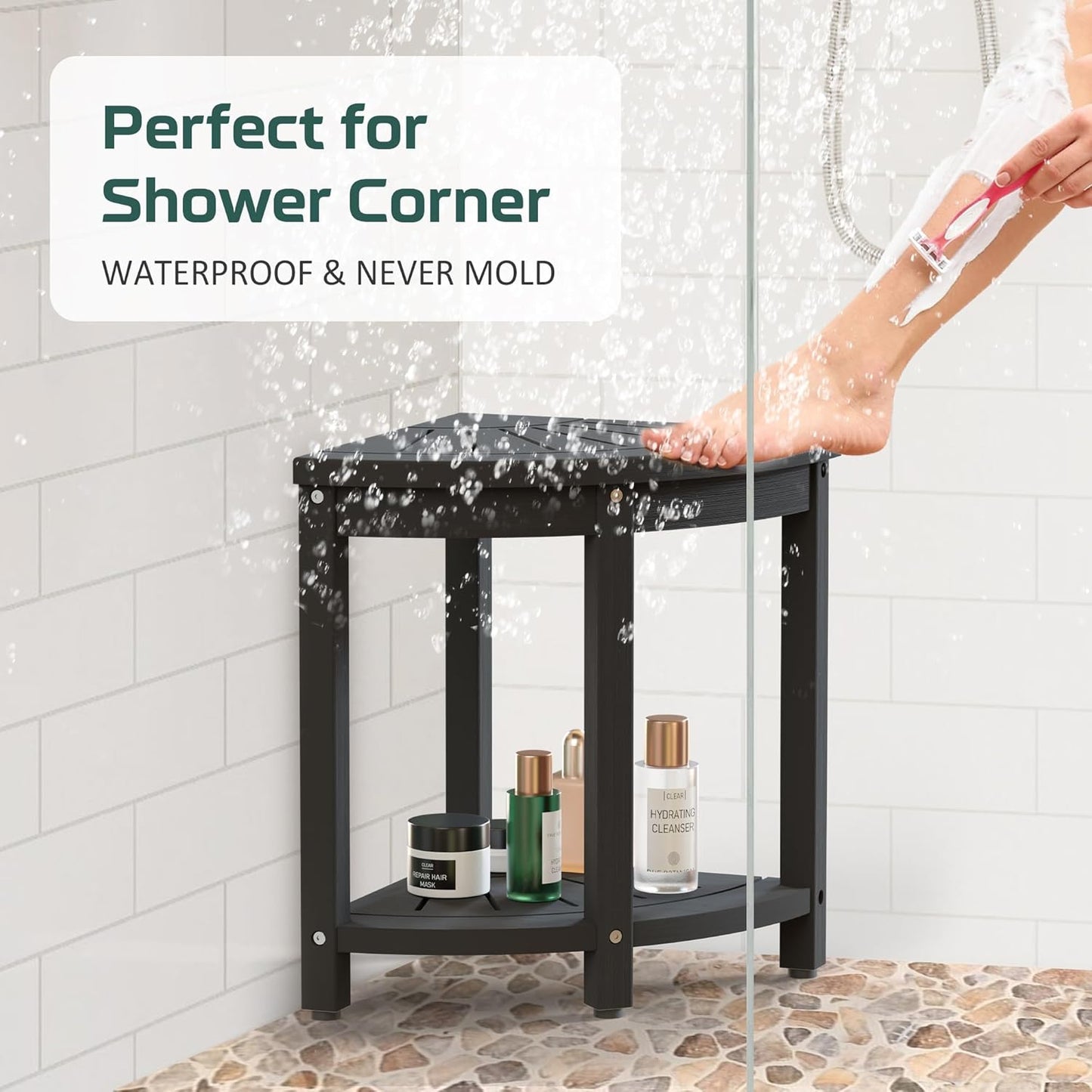 Corner Shower Stool for Inside Shower Waterproof, HIPS Poly Lumber Shower Bench Seat Chair, Bath Shower Stool for Shaving Legs Foot Rest with Adjustable & Non-Slip Feet, Load 400 lbs, Black