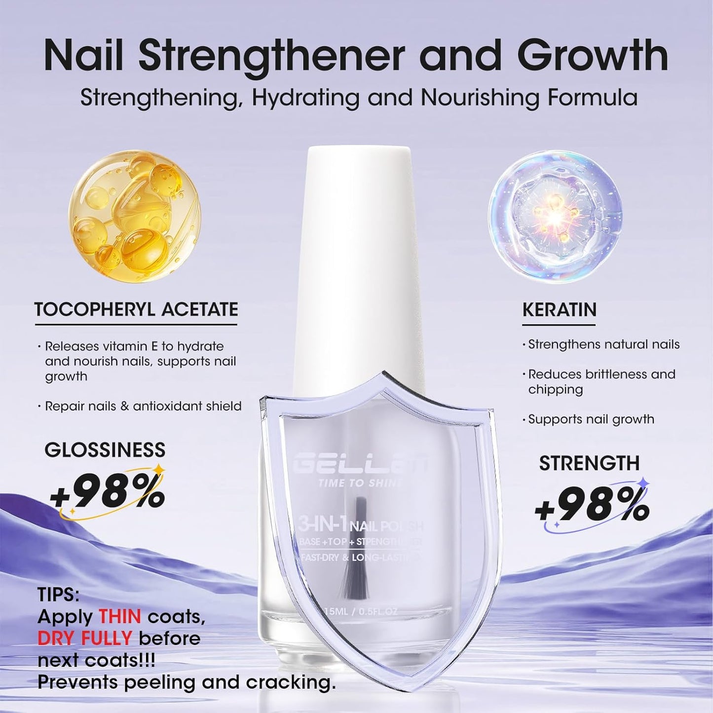 GELLEN 3-In-1 Clear Nail Polish Base Top Coat, Nail Strengthener Growth, Breathable Nail Polish, Treatment For Damaged Dry Nails, Keratin & Vit E, Air Dry, Hema Free, Non-toxic, Anti-yellowing