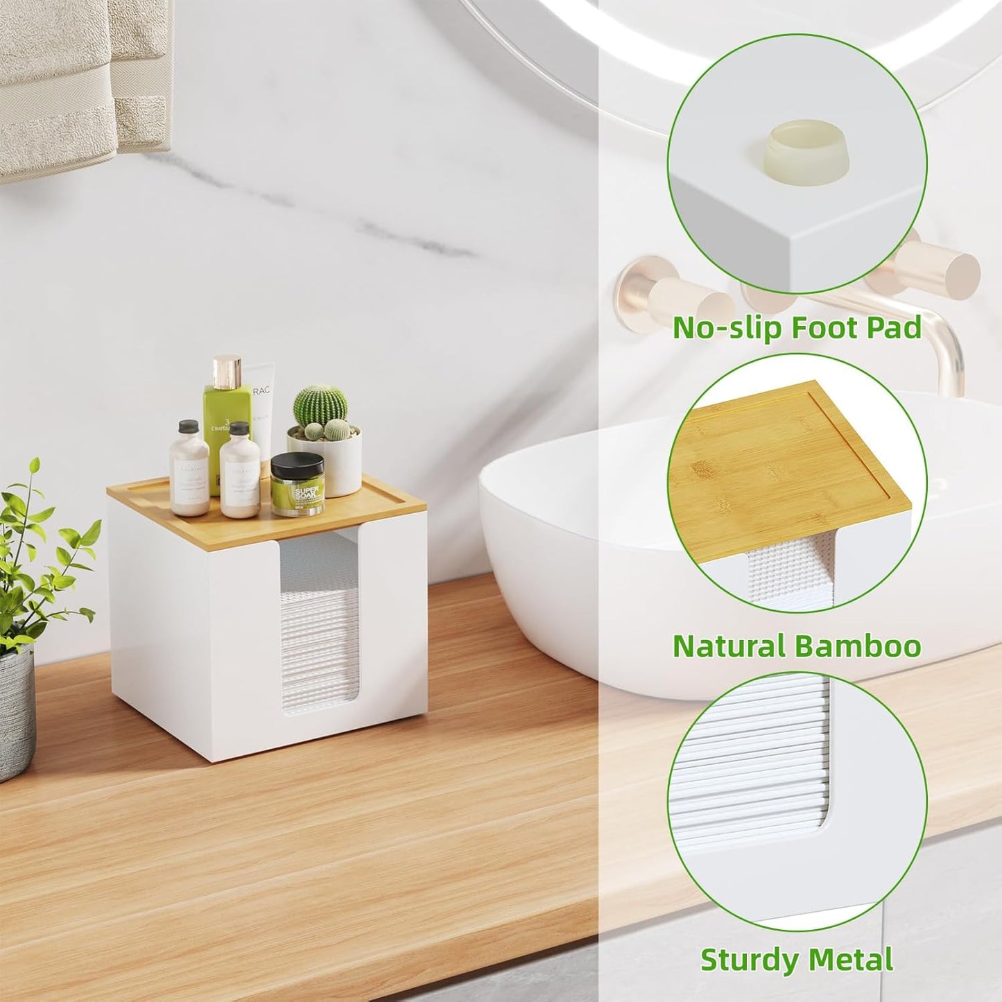 VITVITI Disposable Face Towel Holder Containers, Metal Iron Facial Clean Towels Box for XL Clean Skin Club, Large Capacity With Bamboo Lid for Bathroom, White