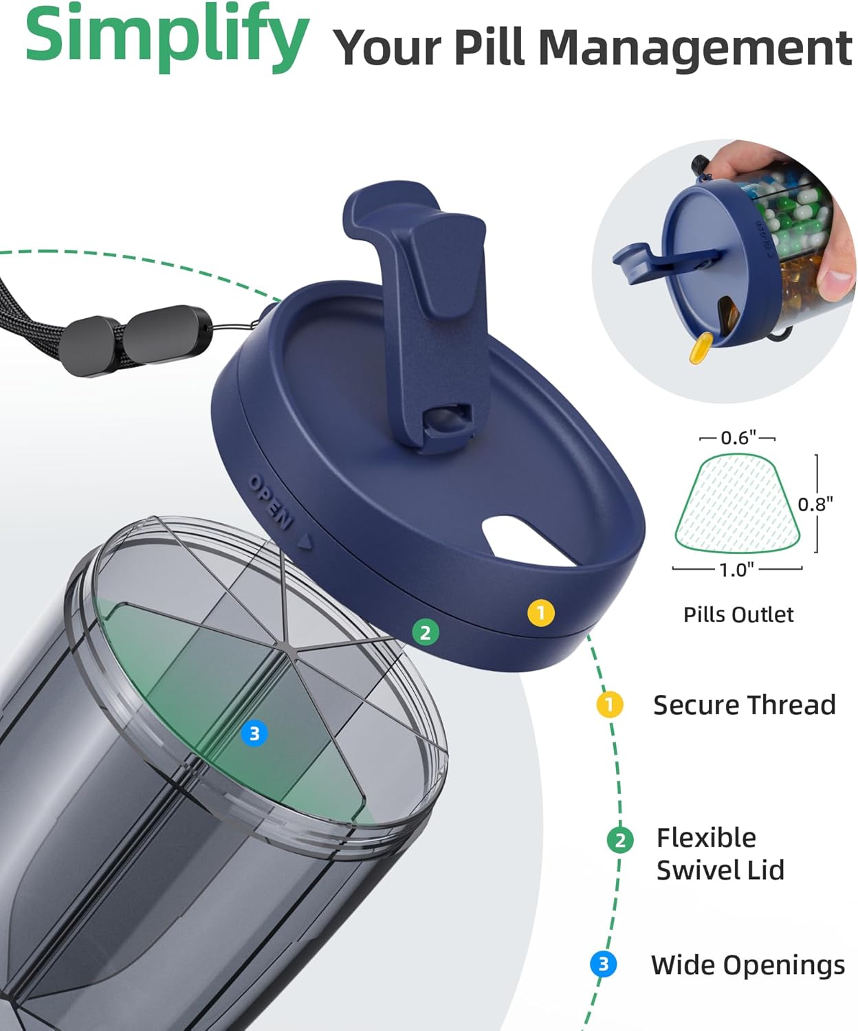 PULIV Large Supplement Organizer Bottle, Holds Plenty of 6 Various Vitamins in 1 Pill Dispenser with Anti-Mixing & Wide Openings Design, Easy to Retrieve Meds, Includes 20 Pcs Labels Silver Gray