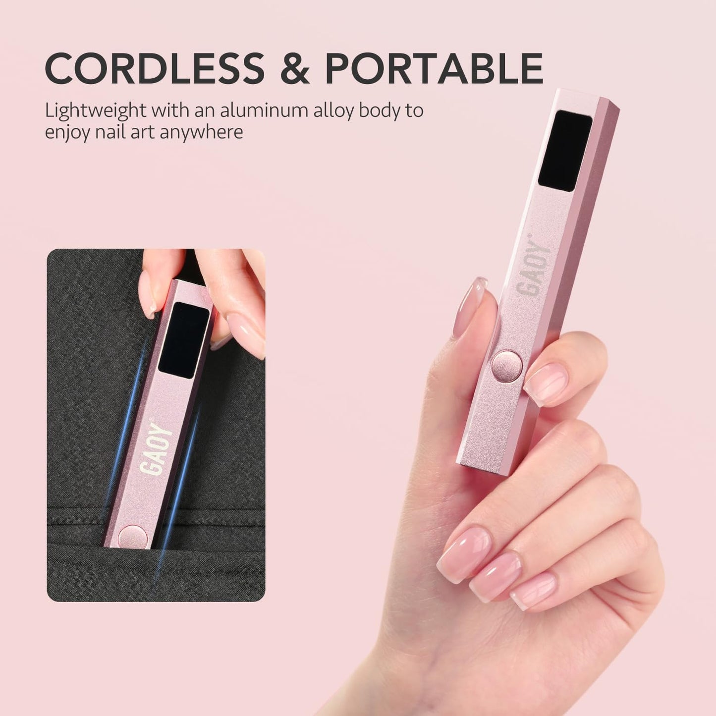 GAOY Cordless Nail Lamp with Stand, Mini Handheld UV Light with LCD Display for Gel Nails, Rechargeable USB Nail Dryer for Fast Curing, Rose Gold